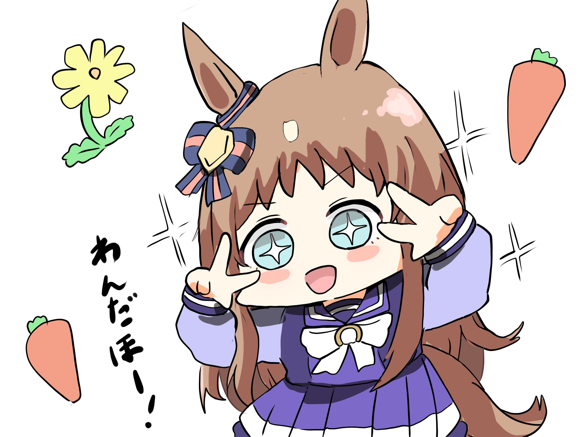 kawamochi (tddm3573), grass wonder (umamusume), umamusume, highres, translation request, + +, 1girl, :d, animal ears, blush stickers, bow, brown hair, carrot, double v, ear bow, flower, hands up, horse ears, horse girl, horse tail, long hair, long sleeves, multicolored hair, open mouth, pleated skirt, puffy long sleeves, puffy sleeves, purple shirt, purple skirt, school uniform, shirt, simple background, skirt, smile, solo, sparkle, striped bow, tail, tracen school uniform, two-tone hair, v, v-shaped eyebrows, very long hair, white background, white bow, white hair, yellow flower