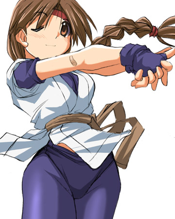 tonpuu, yuri sakazaki, ryuuko no ken, snk, the king of fighters, lowres, 1girl, blush, braid, brown eyes, brown hair, dougi, female focus, gloves, long hair, one eye closed, sash, single braid, solo, spandex, standing, very long hair, wink