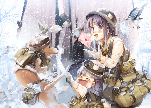 hanpen, puus, original, > <, 2girls, animal, bird, breath, child, closed eyes, clothed animal, dog, hat, heart, letter, long hair, love letter, mail, multiple girls, pouch, purple eyes, purple hair, snow