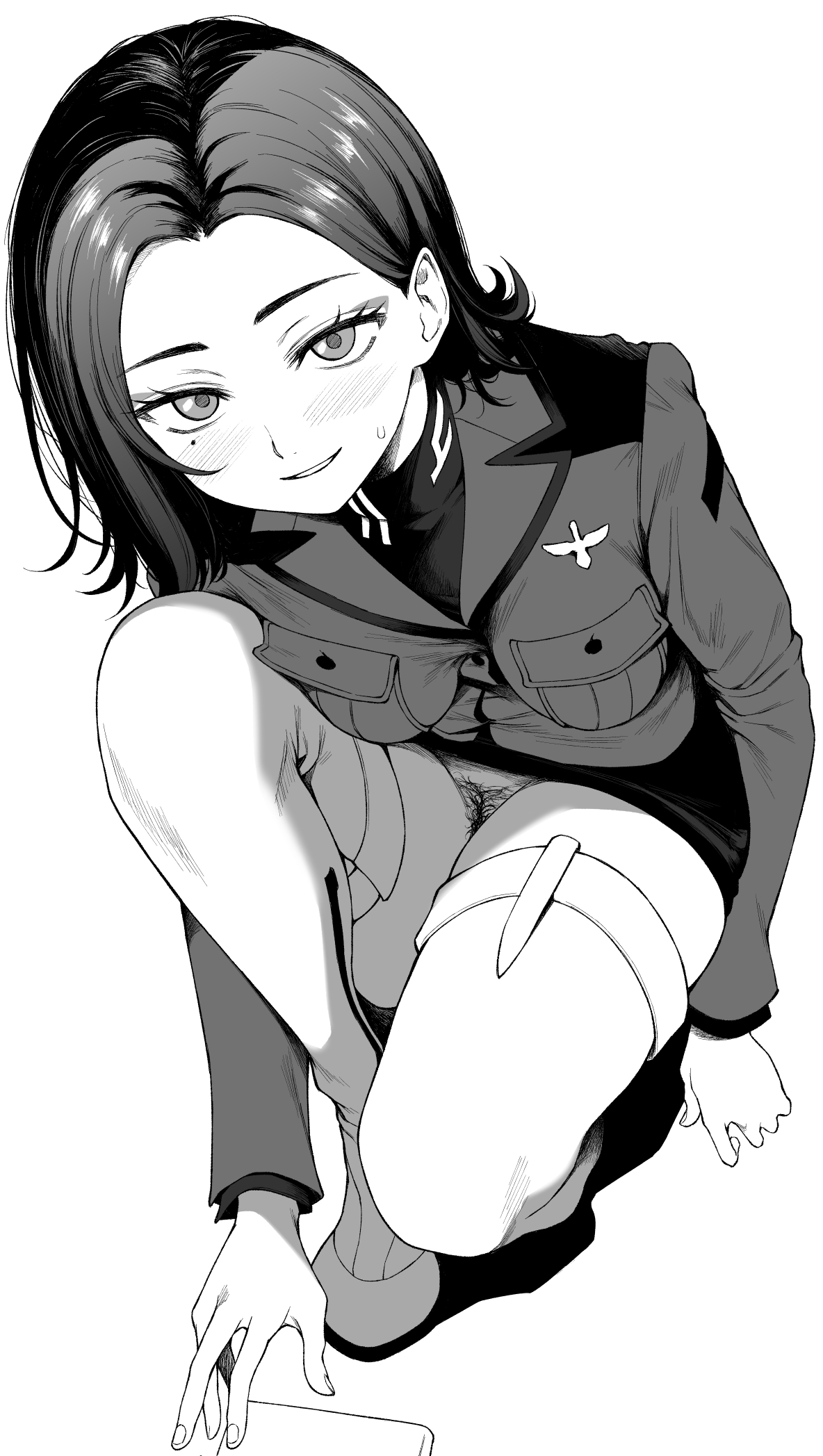 daiji pt, comoli harcourt, gundam, gundam gquuuuuux, highres, 1girl, blush, eyeshadow, female pubic hair, looking at viewer, makeup, military uniform, mole, mole under eye, monochrome, no panties, pencil skirt, pubic hair, simple background, skirt, smile, solo, squatting, sweatdrop, thighhighs, white background, zettai ryouiki