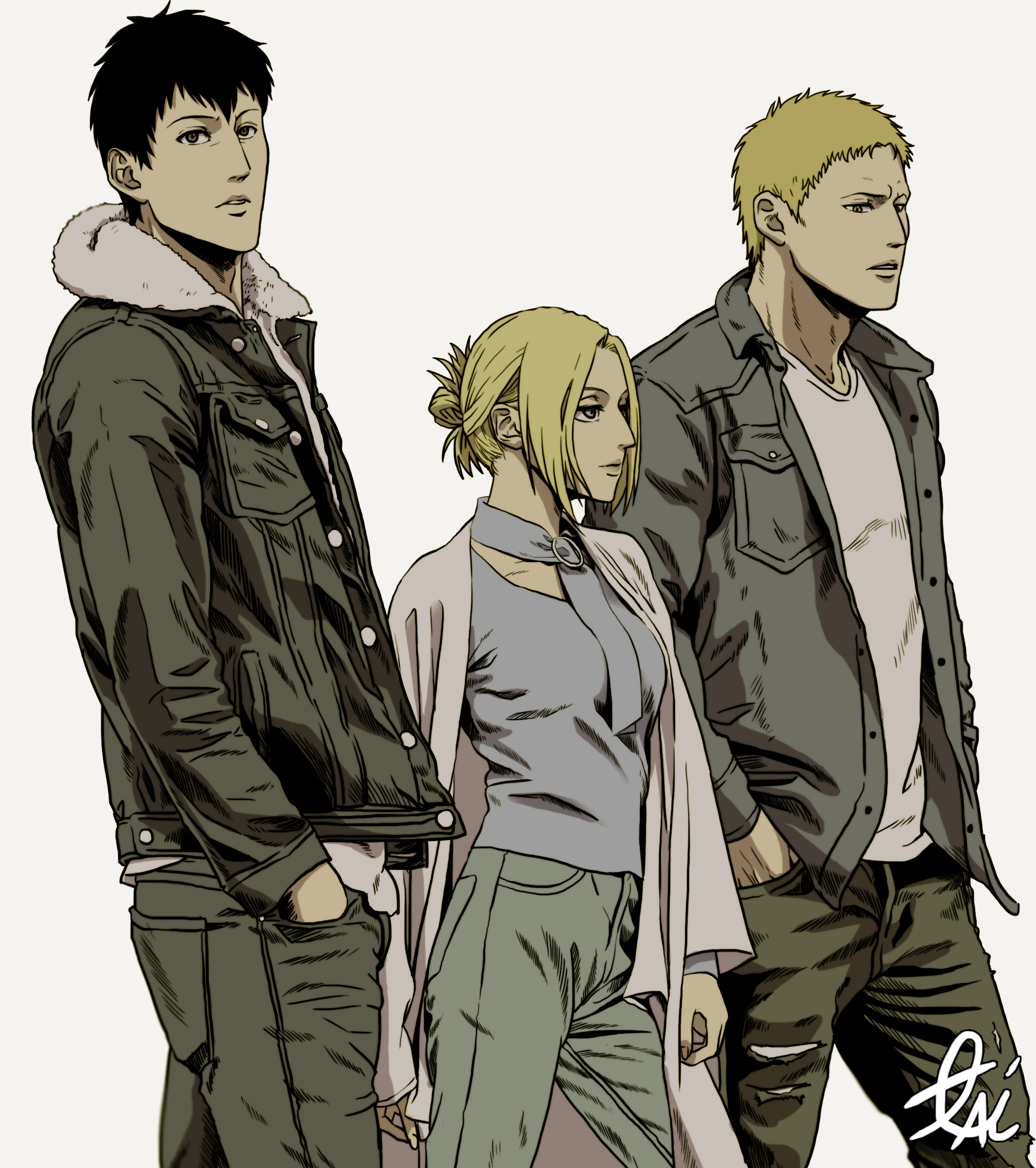 mc dumb, annie leonhart, bertolt hoover, reiner braun, shingeki no kyojin, commentary request, highres, korean commentary, 1girl, 2boys, black hair, blonde hair, cowboy shot, denim, fur-trimmed jacket, fur trim, hair bun, hand in pocket, jacket, jeans, looking ahead, multiple boys, pants, parted lips, shirt, short hair, sidelocks, signature, simple background, white background, white shirt
