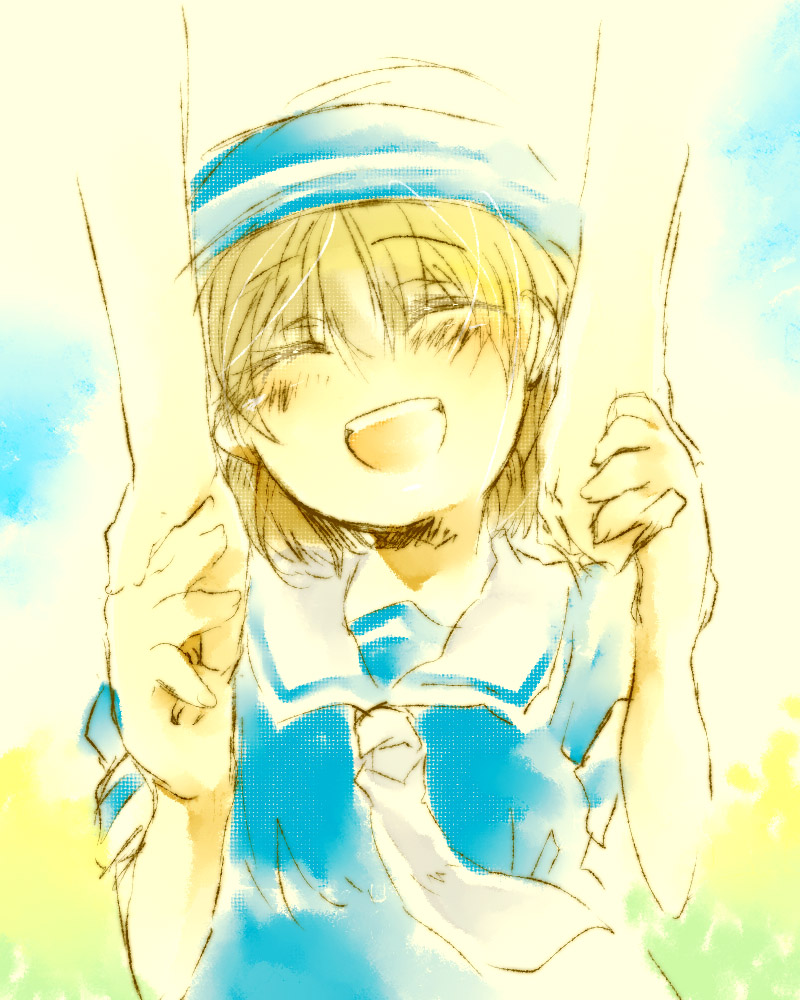 uru uzuki, yuzuki (pixiv), okazaki ushio, clannad, bad id, bad pixiv id, 00s, 1girl, aged down, ascot, child, closed eyes, dixie cup hat, female focus, hat, holding hands, military hat, sailor collar, school uniform, serafuku, smile, solo, solo focus