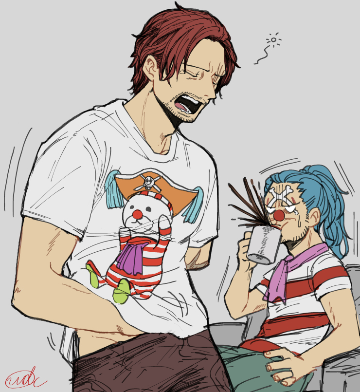 udaa (ahirucook), buggy the clown, shanks (one piece), one piece, 2boys, ascot, beard stubble, brown pants, closed mouth, cup, facial hair, holding, holding cup, makeup, male focus, multiple boys, pants, ponytail, purple ascot, red nose, shirt, signature, simple background, stubble, t-shirt, yawning