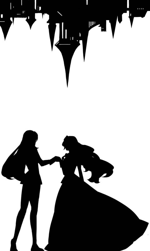 mizuki (artist), mizuki (grandidierite), himemiya anthy, tenjou utena, shoujo kakumei utena, 1990s (style), 2girls, building, dress, greyscale, long hair, monochrome, multiple girls, pants, retro artstyle, silhouette, simple background, standing, very long hair, white background, yuri