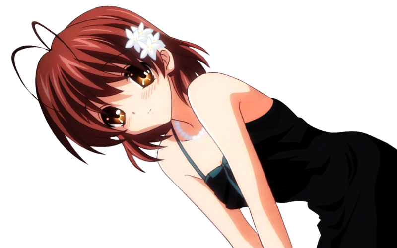 furukawa nagisa, clannad, 00s, antenna hair, blush, brown hair, dress, flower, gem, pearl (gemstone), short hair, solo, transparent background, yellow eyes