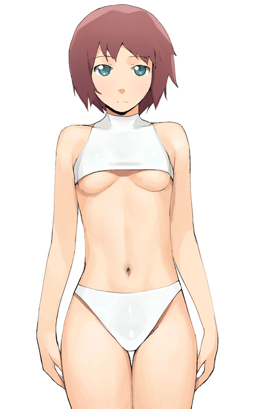 a1 (initial-g), 1girl, aqua eyes, bikini, blue eyes, breasts, brown hair, cowboy shot, crop top, cropped legs, female focus, looking at viewer, navel, short hair, simple background, solo, swimsuit, underboob, white background, white bikini