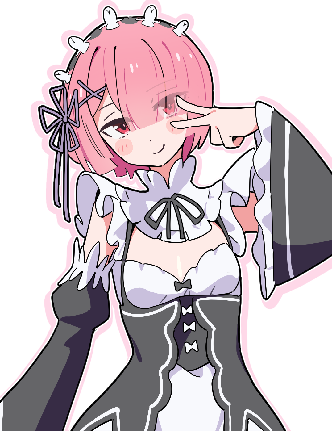 noyama takenoko, ram (re:zero), re:zero kara hajimeru isekai seikatsu, commentary, highres, 1girl, blunt bangs, blush stickers, breasts, detached sleeves, dot nose, eyes visible through hair, frilled sleeves, frills, hair ornament, hair over one eye, hand up, head tilt, long sleeves, looking at viewer, maid, maid headdress, pink hair, red eyes, roswaal mansion maid uniform, short hair, simple background, small breasts, smile, solo, upper body, v, v over eye, white background, wide sleeves, x hair ornament