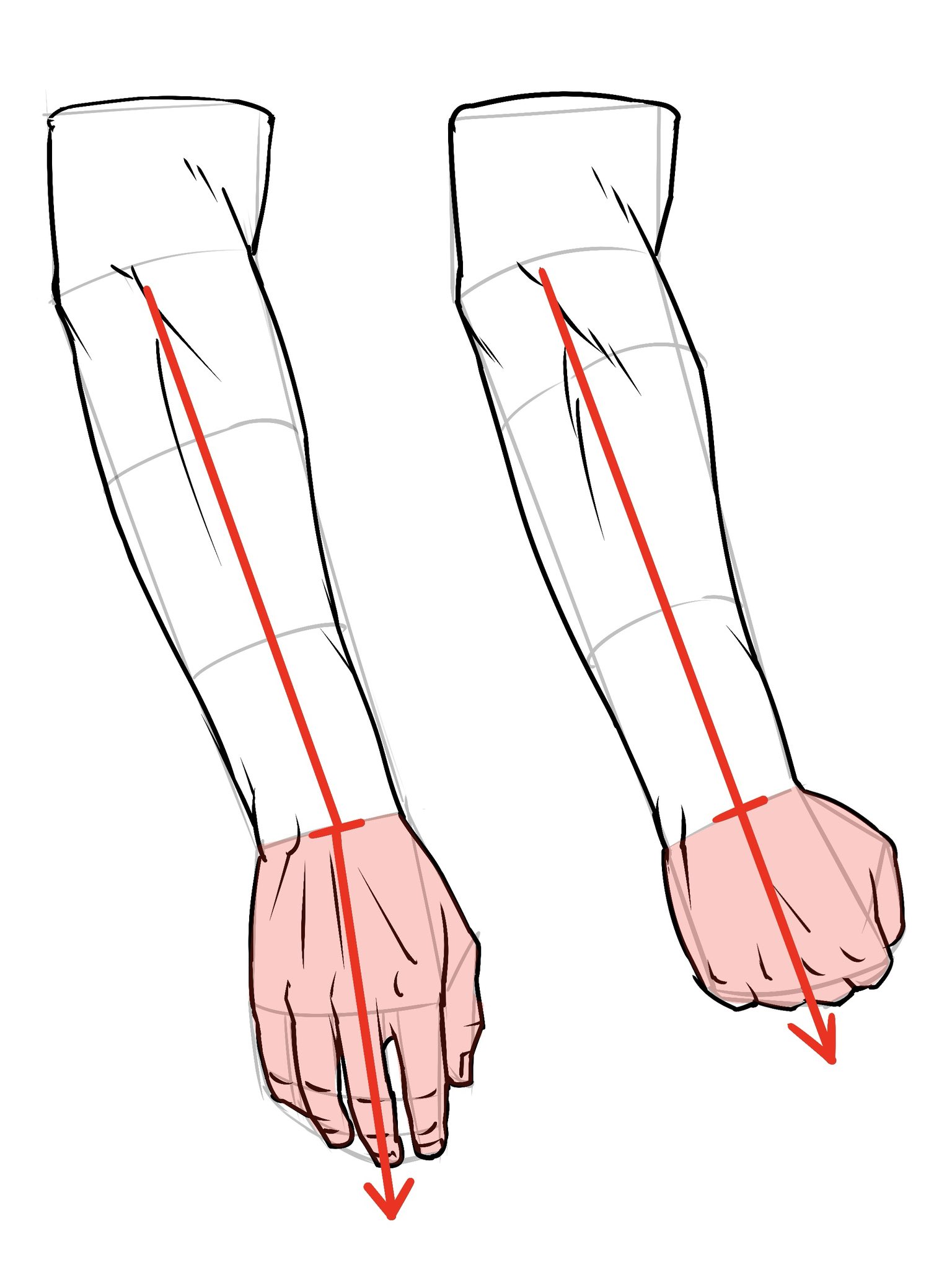 katou kouta, original, check commentary, commentary request, highres, 1boy, arm focus, arrow (symbol), clenched hand, cropped arm, guide, how to, lineart, monochrome, multiple views, simple background, spot color, white background