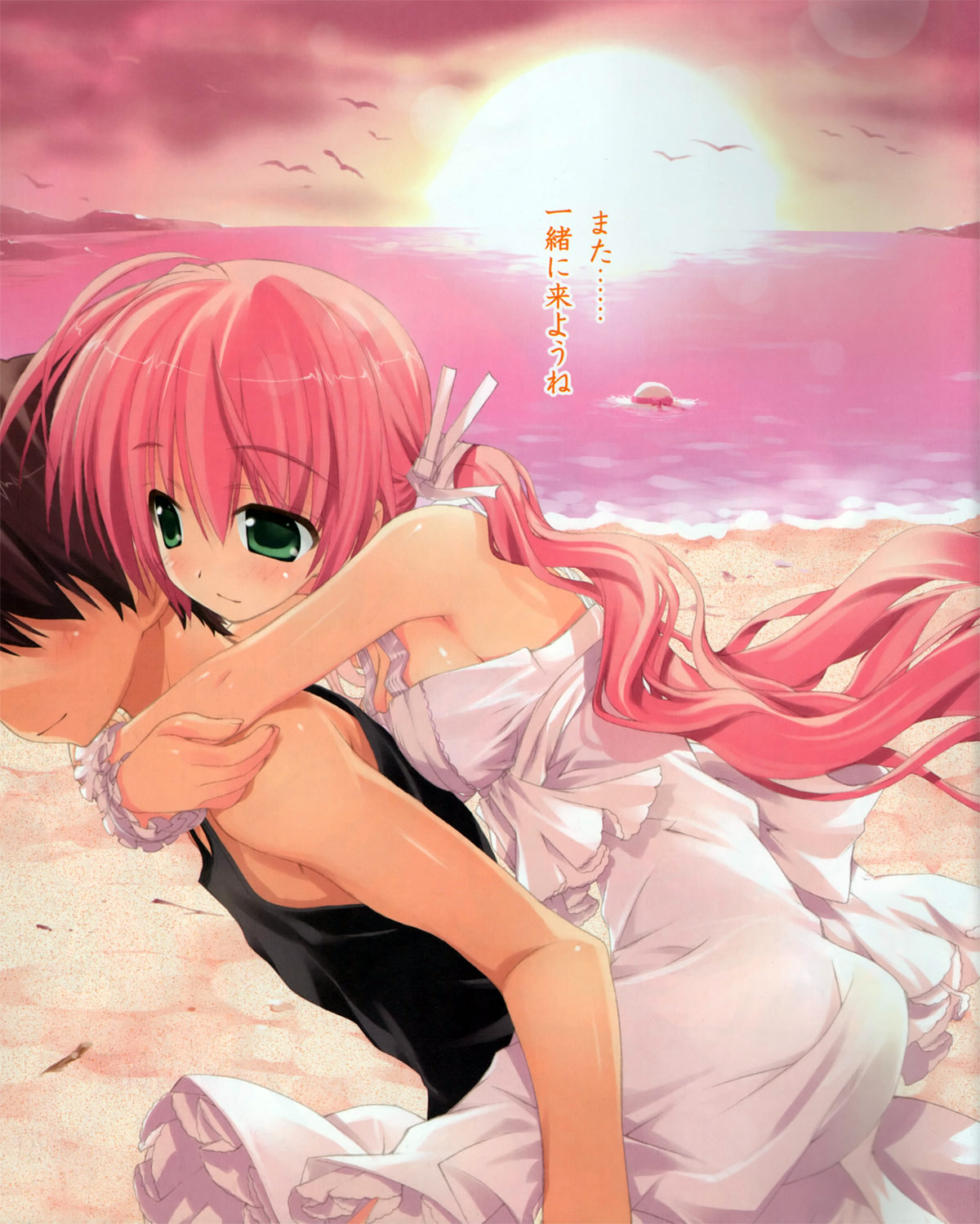 fujima takuya, ren'ai yohou, highres, 1boy, 1girl, beach, bird, blush, breast press, breasts, brown hair, carrying, couple, dress, green eyes, hat, hetero, hug, hug from behind, piggyback, pink hair, seagull, sunset, wrist cuffs