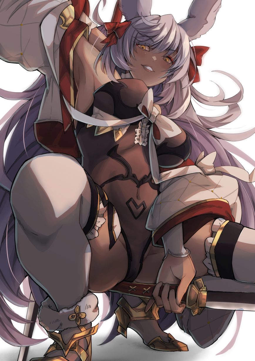 yude, makura (granblue fantasy), granblue fantasy, highres, 1girl, animal ears, armpits, black leotard, blush, breasts, center frills, covered navel, erune, eyeshadow, frills, grin, groin tendon, high heels, large breasts, leotard, lips, long hair, looking down, makeup, orange eyes, rabbit ears, rabbit girl, red eyeshadow, ribbon, smile, solo, thighhighs, very long hair, white hair, white ribbon
