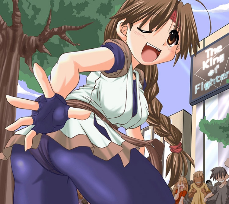 tonpuu, yuri sakazaki, ryuuko no ken, snk, the king of fighters, 1girl, ass, blush, braid, breasts, brown eyes, brown hair, copyright name, dougi, female focus, gloves, headband, long hair, looking back, medium breasts, one eye closed, sash, single braid, solo, spandex, standing, very long hair, wink
