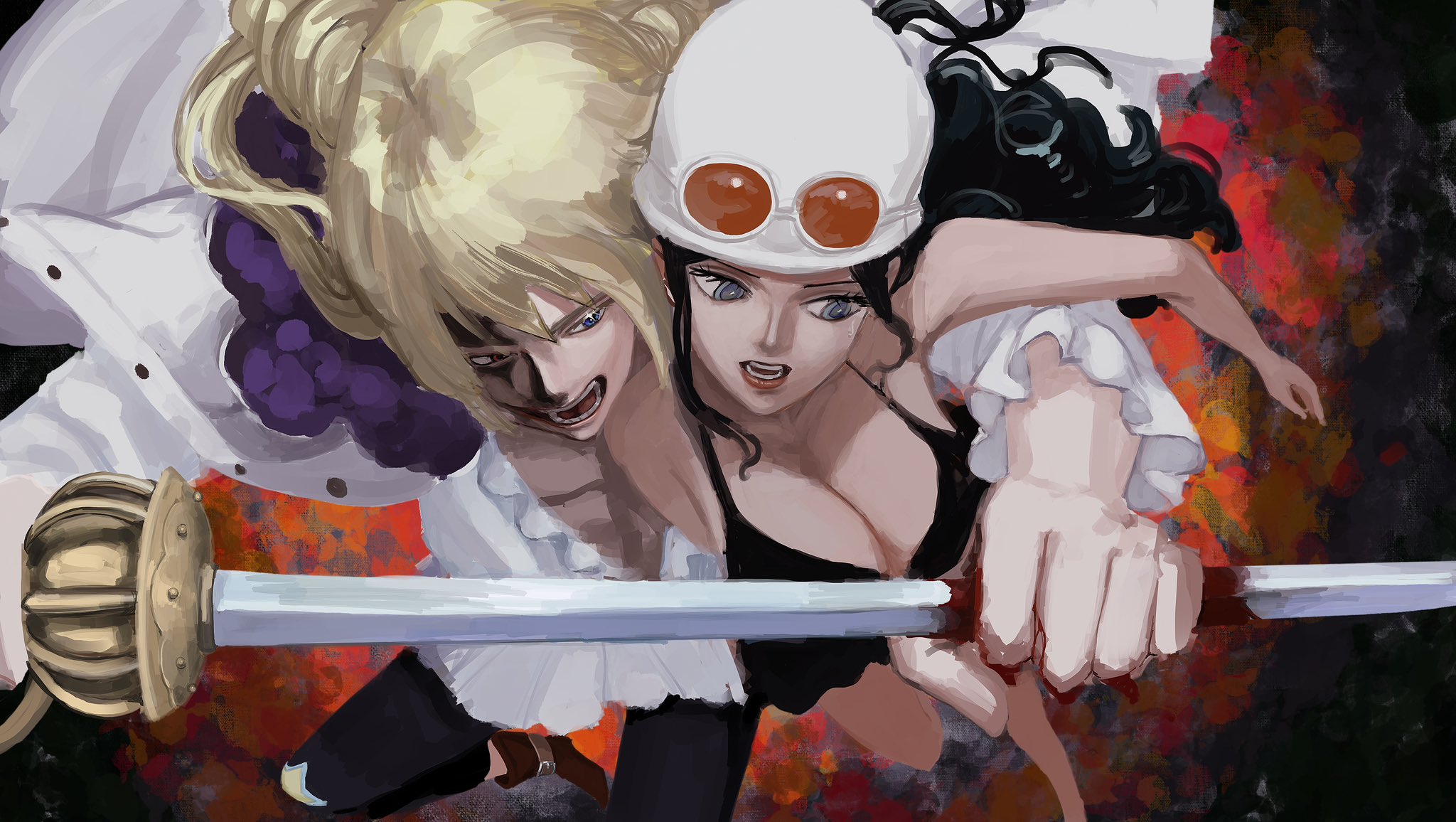 hisarakanoi, cavendish (one piece), hakuba (one piece), nico robin, one piece, highres, 1boy, 1girl, black dress, black hair, blonde hair, blood, blue eyes, boots, breasts, carrying, carrying person, cleavage, dress, eyewear on head, hat, heterochromia, holding, holding sword, holding weapon, long hair, open mouth, red lips, sweatdrop, sword, weapon, white hat