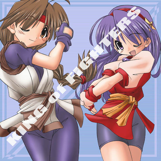 tonpuu, asamiya athena, yuri sakazaki, ryuuko no ken, snk, the king of fighters, the king of fighters '98, 2girls, bike shorts, blush, braid, brown eyes, brown hair, dougi, gloves, hair ornament, hairband, headband, long hair, multiple girls, one eye closed, purple eyes, purple hair, red hairband, sash, shorts, single braid, spandex, standing, star (symbol), star hair ornament, very long hair, wink