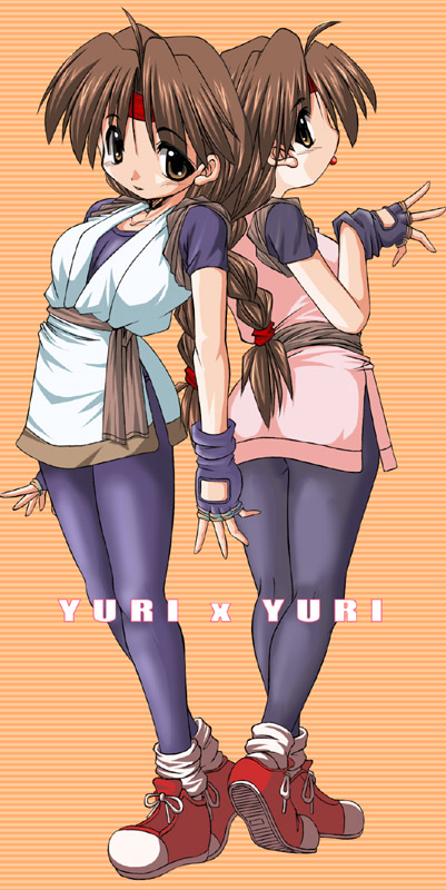 tonpuu, yuri sakazaki, ryuuko no ken, snk, the king of fighters, 2girls, :p, alternate color, back-to-back, blush, braid, brown eyes, brown hair, dougi, dual persona, gloves, headband, long hair, looking back, loose socks, multiple girls, sash, shoes, single braid, sneakers, socks, spandex, standing, tongue, tongue out, very long hair