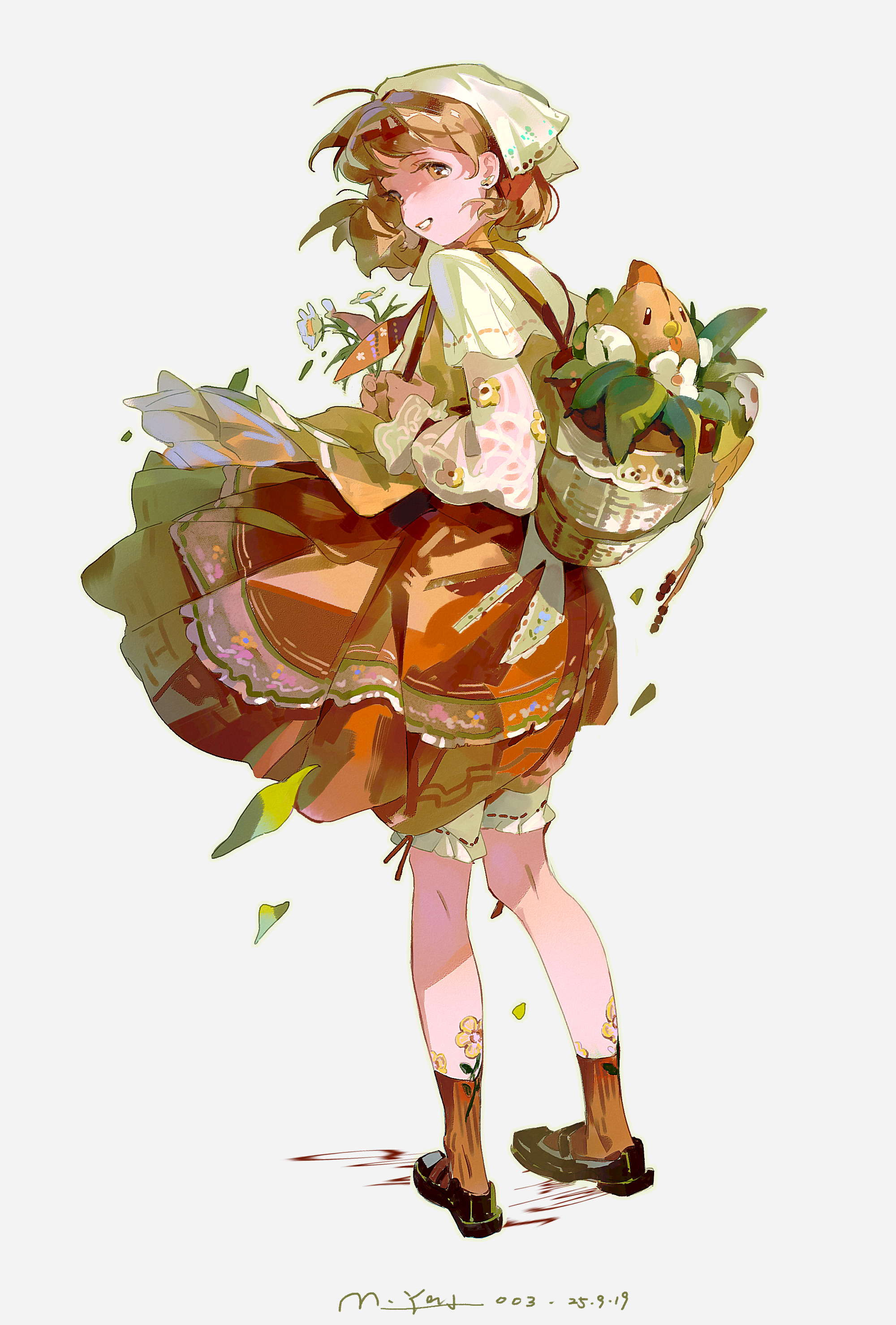 sanyang003, infinity nikki, nikki (series), stardew valley, absurdres, highres, 1girl, ankle socks, apron, back bow, basket, black shoes, bloomers, bow, brown eyes, brown hair, brown ribbon, country lolita, daisy (flower), dated, dress, floating clothes, floating hair, floral print, flower, flower tattoo, frilled sleeves, frills, full body, headscarf, holding, holding flower, lace bow, leaf, leg tattoo, loafers, lolita fashion, long sleeves, looking at viewer, looking back, open mouth, orange dress, orange socks, pinafore dress, plant, pleated dress, potted plant, print dress, puffy long sleeves, puffy sleeves, ribbon, ribbon-trimmed bloomers, ribbon-trimmed headwear, ribbon legwear, ribbon trim, see-through clothes, see-through sleeves, shadow, shirt, shoes, short hair, signature, simple background, sleeveless, sleeveless dress, smile, socks, solo, standing, stardew valley encounter (infinity nikki), stuffed animal, stuffed chicken, stuffed toy, tattoo, teeth, underwear, white apron, white bloomers, white bow, white flower, white headscarf, white shirt, wind, yellow flower