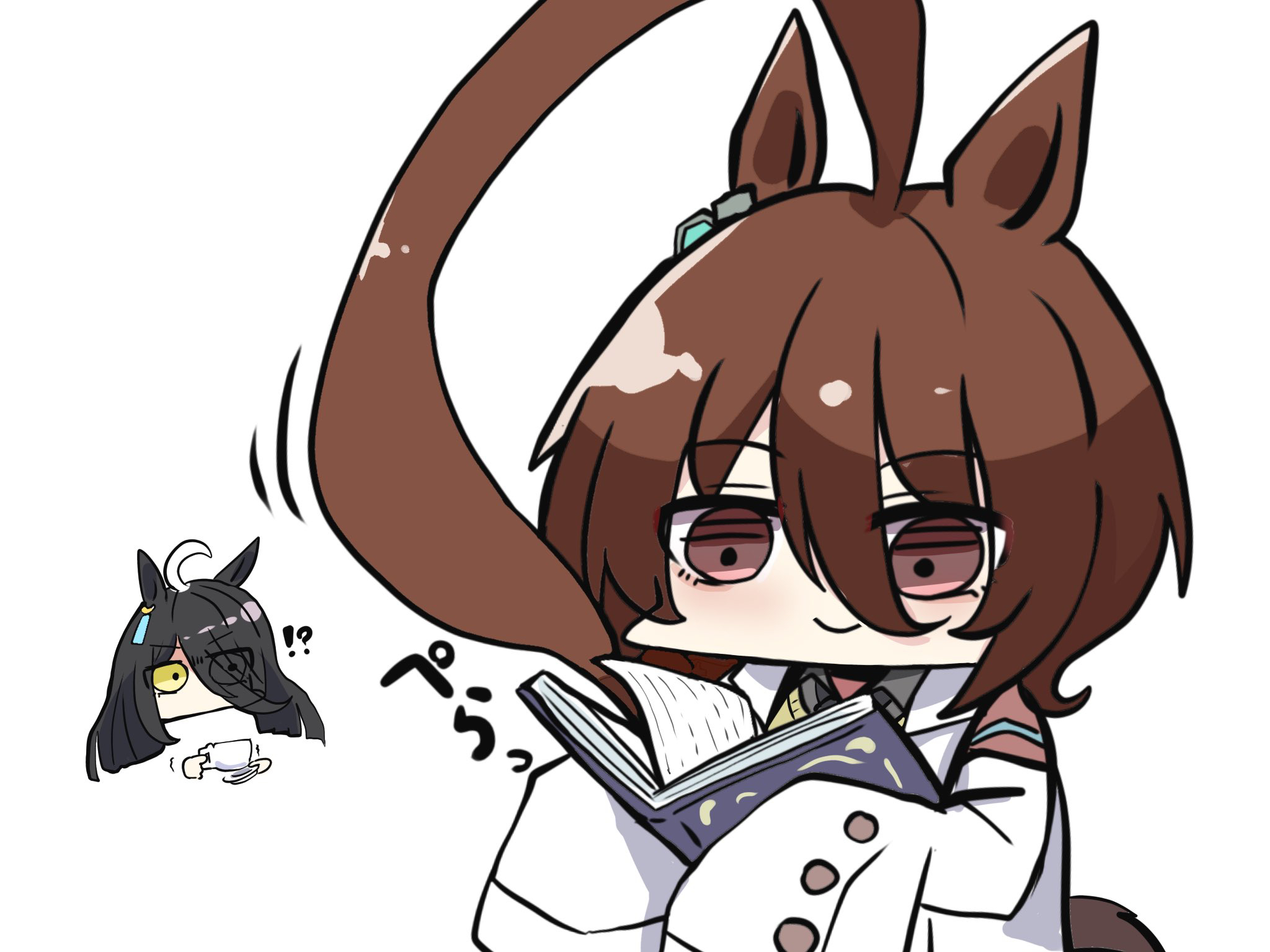 kawamochi (tddm3573), agnes tachyon (tach-nology) (umamusume), agnes tachyon (umamusume), manhattan cafe (umamusume), umamusume, highres, translation request, 2girls, ahoge, animal ears, black hair, book, brown eyes, brown hair, chibi, closed mouth, collared shirt, cup, eyes visible through hair, grey shirt, hair between eyes, hair over one eye, holding, holding book, holding cup, holding saucer, horse ears, horse girl, horse tail, huge ahoge, lab coat, long hair, multicolored hair, multiple girls, open book, open clothes, prehensile hair, rayman limbs, saucer, shirt, simple background, smile, sweater vest, tail, trembling, two-tone hair, white background, white hair, yellow eyes