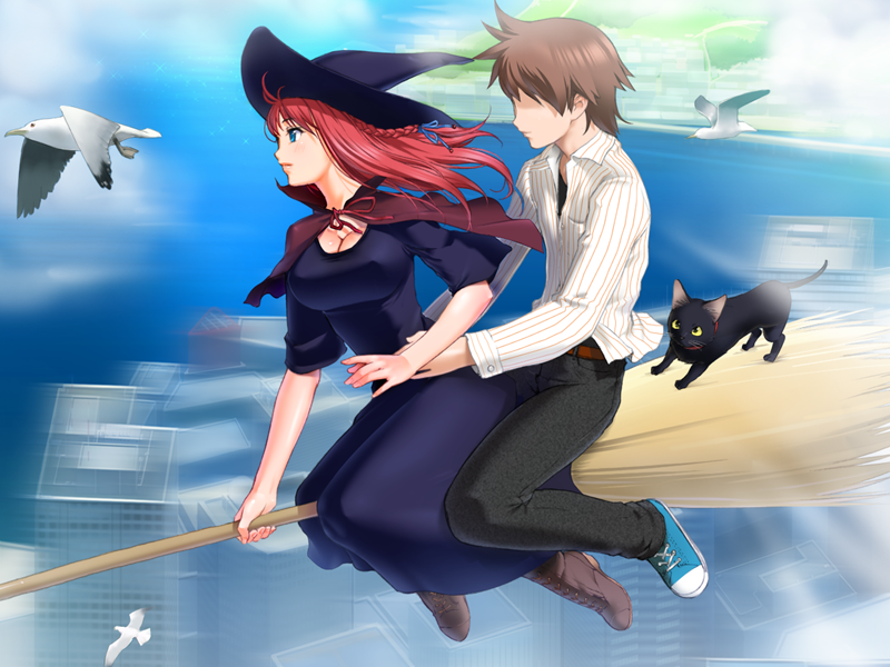 sano toshihide, amanogawa subaru, majodou, game cg, 1boy, 1girl, bird, blue eyes, braid, breasts, broom, cat, cleavage, hat, large breasts, red hair, seagull, witch hat