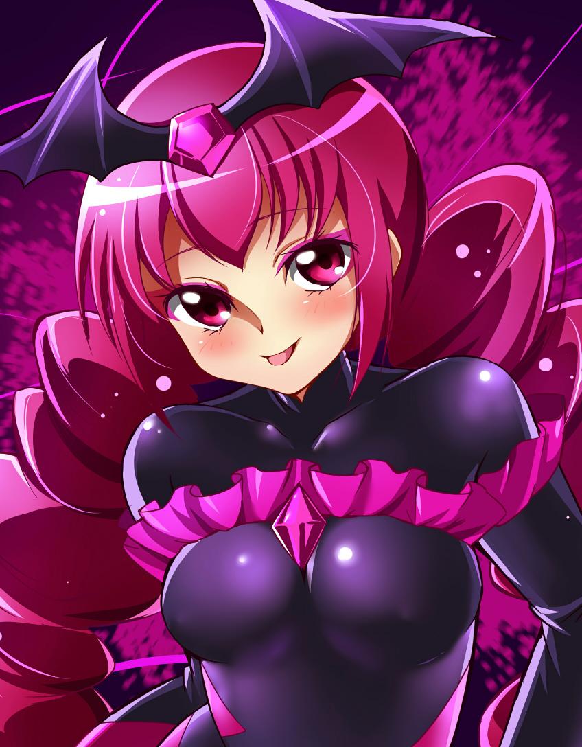 sharumon, bad end happy, bad end precure, precure, smile precure!, commentary request, 1girl, :p, black bodysuit, bodysuit, breasts, covered erect nipples, eyeshadow, long hair, looking at viewer, makeup, pink eyes, pink eyeshadow, pink hair, sidelocks, smile, solo, tongue, tongue out, upper body