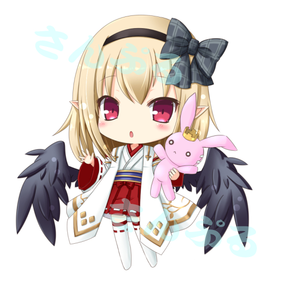 akino sakura, dark feather alma, emil chronicle online, 1girl, black hairband, black ribbon, black wings, blonde hair, chibi, hairband, holding, holding stuffed toy, jacket, japanese clothes, miko, open mouth, pointy ears, red eyes, red skirt, ribbon, ribbon-trimmed hairband, sample watermark, shirt, skirt, solo, stuffed animal, stuffed rabbit, stuffed toy, thighhighs, watermark, white background, white jacket, white shirt, white thighhighs, wings