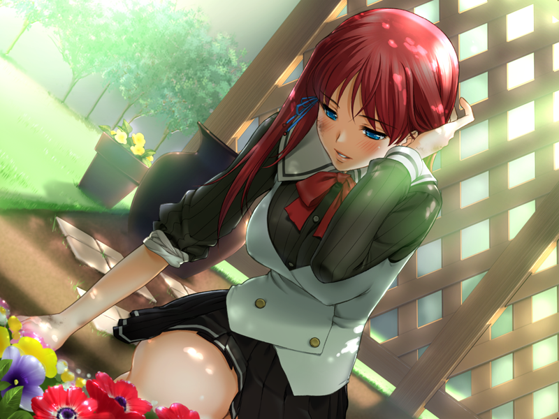 sano toshihide, amanogawa subaru, majodou, light, game cg, 1girl, adjusting hair, blue eyes, dirty, dutch angle, female focus, flower, garden, kneeling, pleated skirt, red hair, school uniform, skirt, sleeves rolled up, smile, solo