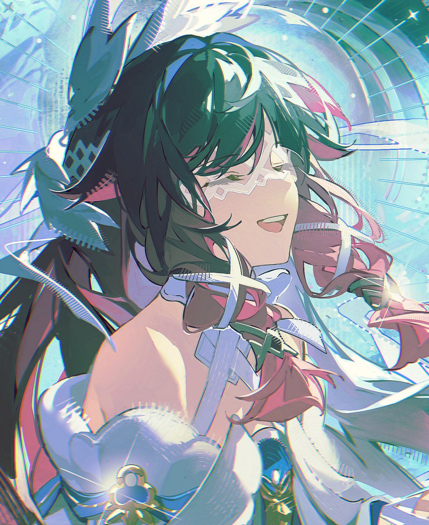 hayashikana, columbina (genshin impact), genshin impact, highres, 1girl, :d, bare shoulders, black hair, closed eyes, head wings, long hair, open mouth, smile, solo, upper body, very long hair, wings