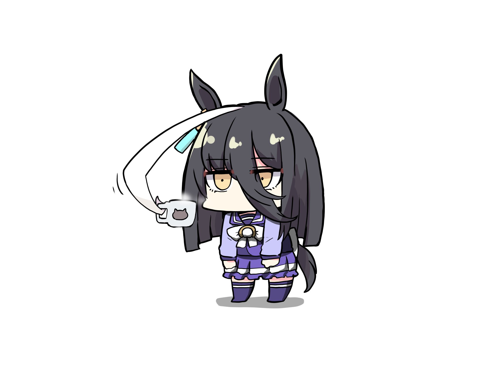 kawamochi (tddm3573), manhattan cafe (umamusume), umamusume, highres, 1girl, ahoge, animal ears, black hair, bow, brown eyes, chibi, full body, hair between eyes, horse ears, horse girl, horse tail, huge ahoge, long hair, multicolored hair, pleated skirt, prehensile hair, purple shirt, purple skirt, purple thighhighs, school uniform, shadow, shirt, simple background, skirt, solo, standing, tail, thighhighs, tracen school uniform, two-tone hair, very long hair, white background, white bow, white hair