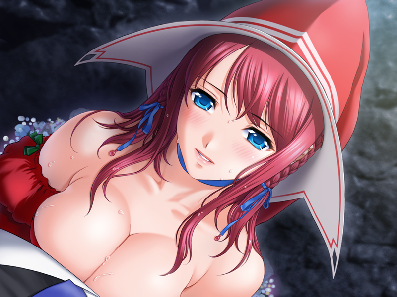 sano toshihide, amanogawa subaru, majodou, game cg, 1girl, blue eyes, breasts, cleavage, female focus, hat, large breasts, red hair, solo, sweat