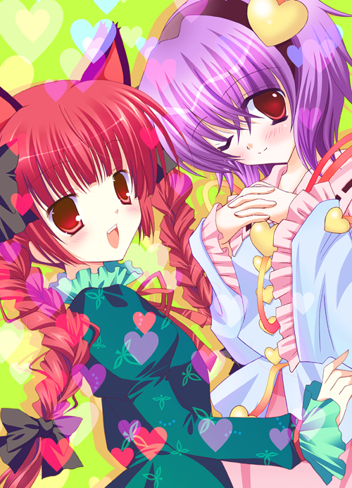 shirogane hina, kaenbyou rin, komeiji satori, touhou, 2girls, animal ears, braid, cat ears, cat girl, female focus, multiple girls, standing, twin braids