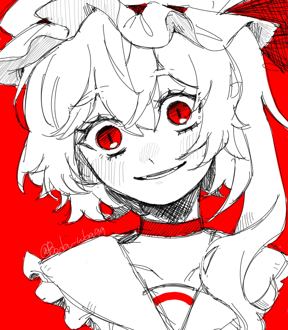 boda uba99, flandre scarlet, touhou, commentary, 1girl, blush, choker, fangs, hair between eyes, hat, looking at viewer, medium hair, mob cap, parted lips, partially colored, portrait, red background, red choker, red eyes, side ponytail, slit pupils, smile, solo, twitter username, vampire