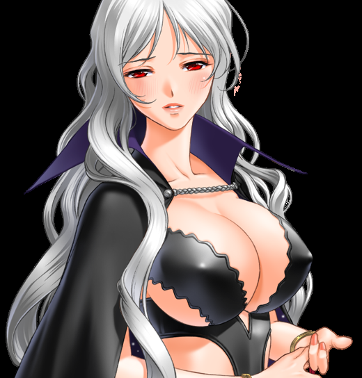 sano toshihide, marie marigold, majodou, silver hair, game cg, 1girl, blush, breasts, cleavage, covered erect nipples, female focus, large breasts, long hair, red eyes, solo
