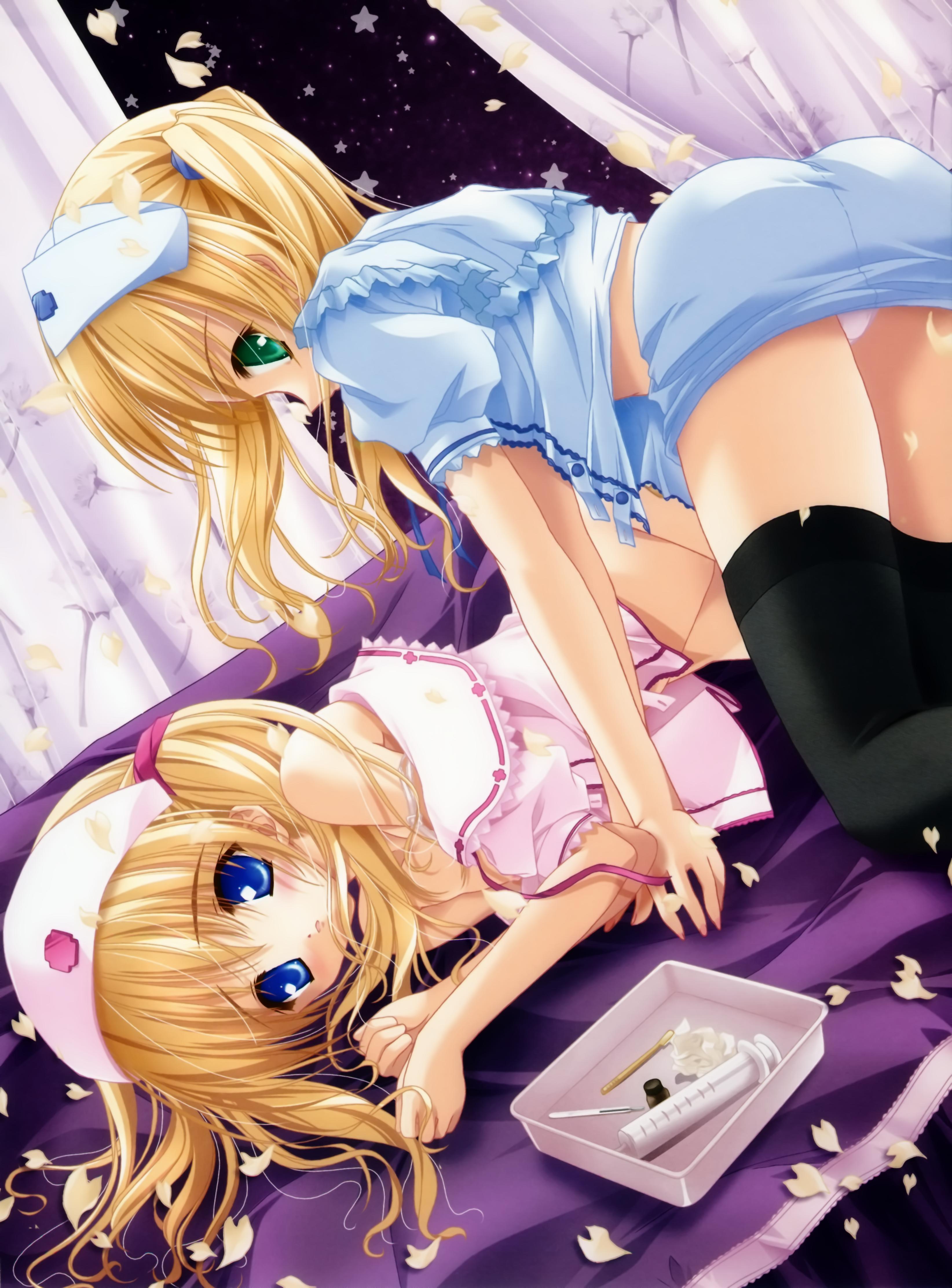 tinker bell (pixiv 10956015), original, absurdres, highres, 2girls, all fours, ass, bent over, blonde hair, blue eyes, green eyes, long hair, lying, multiple girls, no panties, nurse, open clothes, open shirt, panties, pantyshot, shirt, siblings, sisters, thighhighs, twins, twintails, underwear, undressing