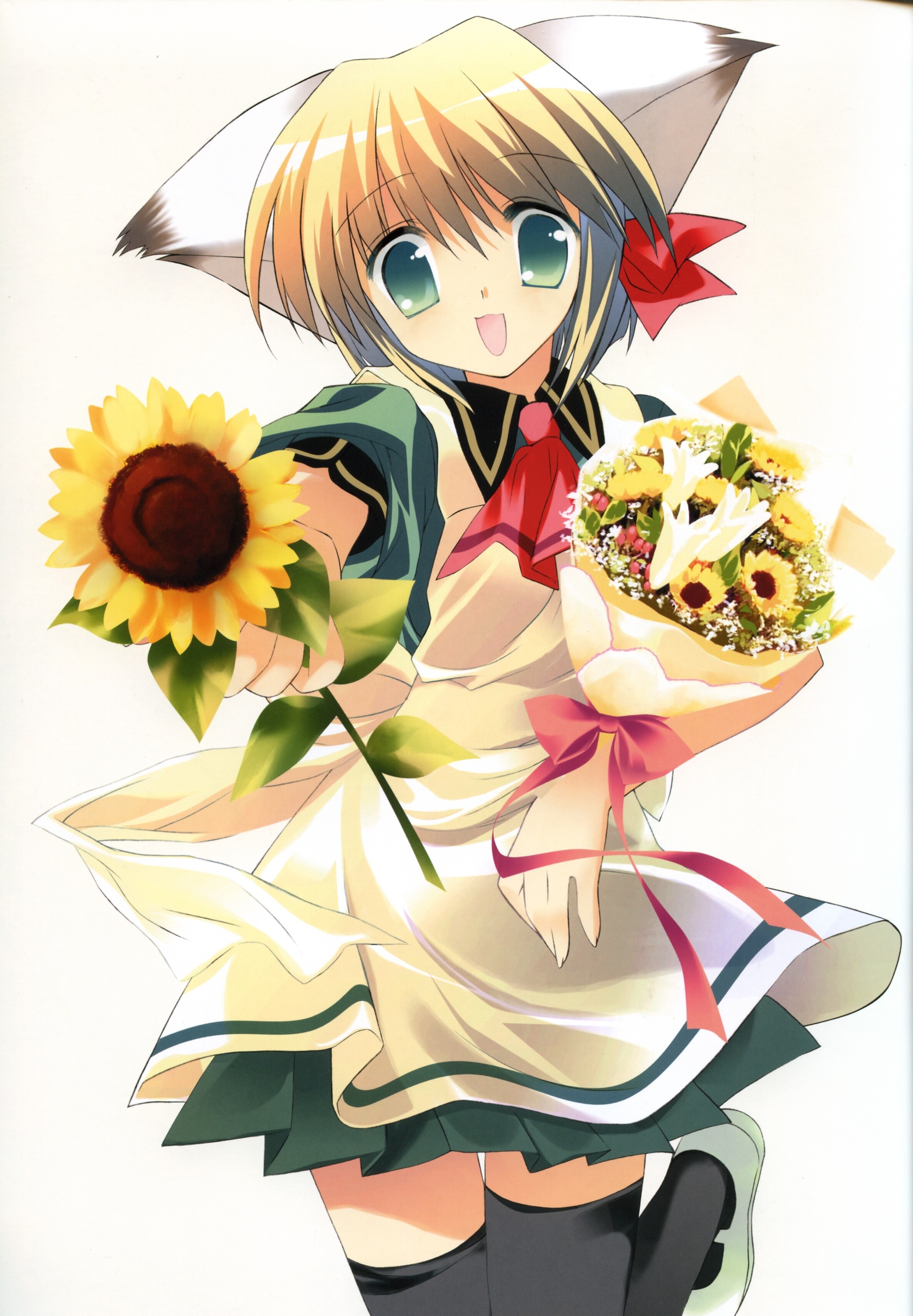absurdres, highres, animal ears, black thighhighs, blonde hair, flower, green eyes, neckerchief, red neckerchief, solo, sunflower, thighhighs