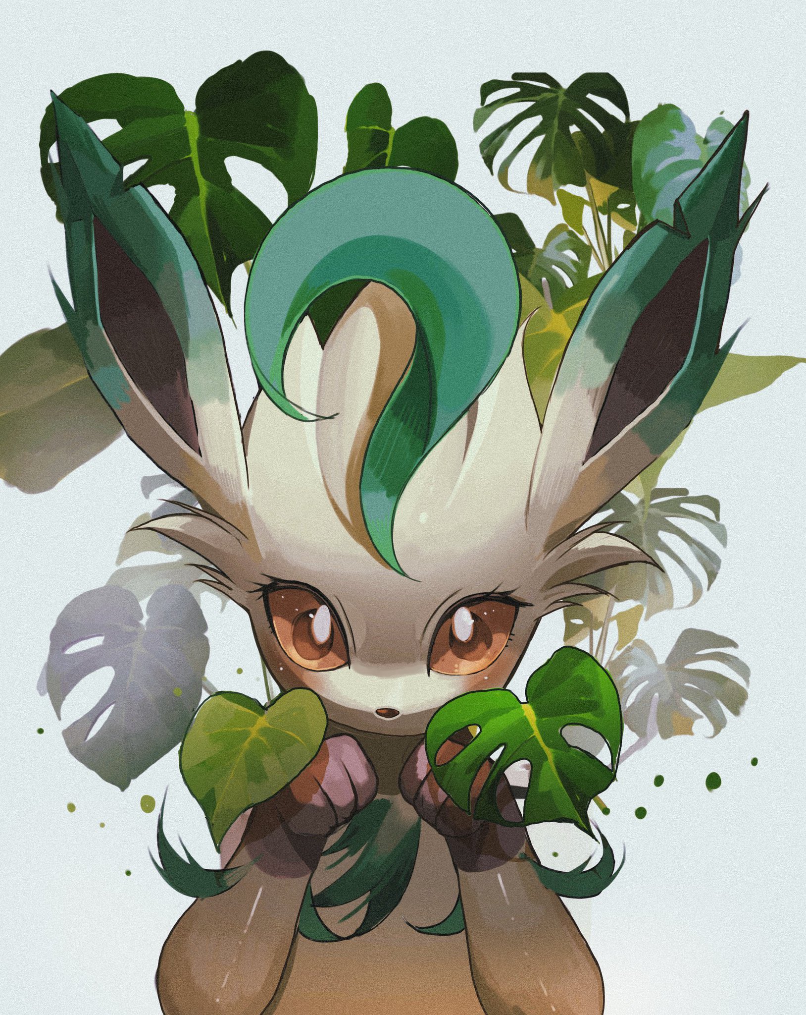 reo (mmocc123), leafeon, nintendo, pokemon, highres, animal focus, brown eyes, brown sclera, colored sclera, gen 4 pokemon, green fur, leaf, looking at viewer, no humans, pokemon (creature), pokemon focus, solo, yellow fur