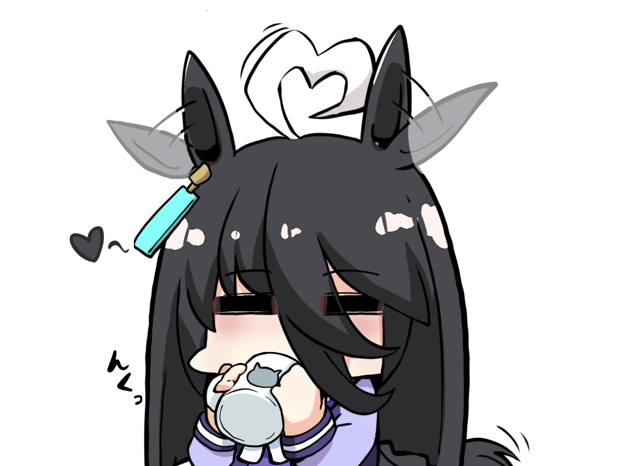 kawamochi (tddm3573), manhattan cafe (umamusume), umamusume, highres, 1girl, afterimage, ahoge, animal ears, black hair, bow, chibi, closed eyes, cup, ear wiggle, facing viewer, hair between eyes, hands up, heart, heart ahoge, holding, holding cup, horse ears, horse girl, horse tail, long hair, long sleeves, motion lines, mug, multicolored hair, puffy long sleeves, puffy sleeves, purple shirt, school uniform, shirt, simple background, solo, speed lines, tail, tracen school uniform, two-tone hair, upper body, very long hair, white background, white bow, white hair