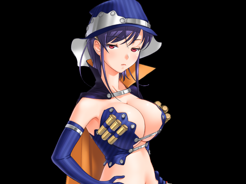 sano toshihide, hitotsukane yuuko olivia, majodou, game cg, 1girl, black background, breasts, cape, cleavage, elbow gloves, female focus, gloves, hands on own hips, large breasts, midriff, navel, purple hair, red eyes, simple background, solo