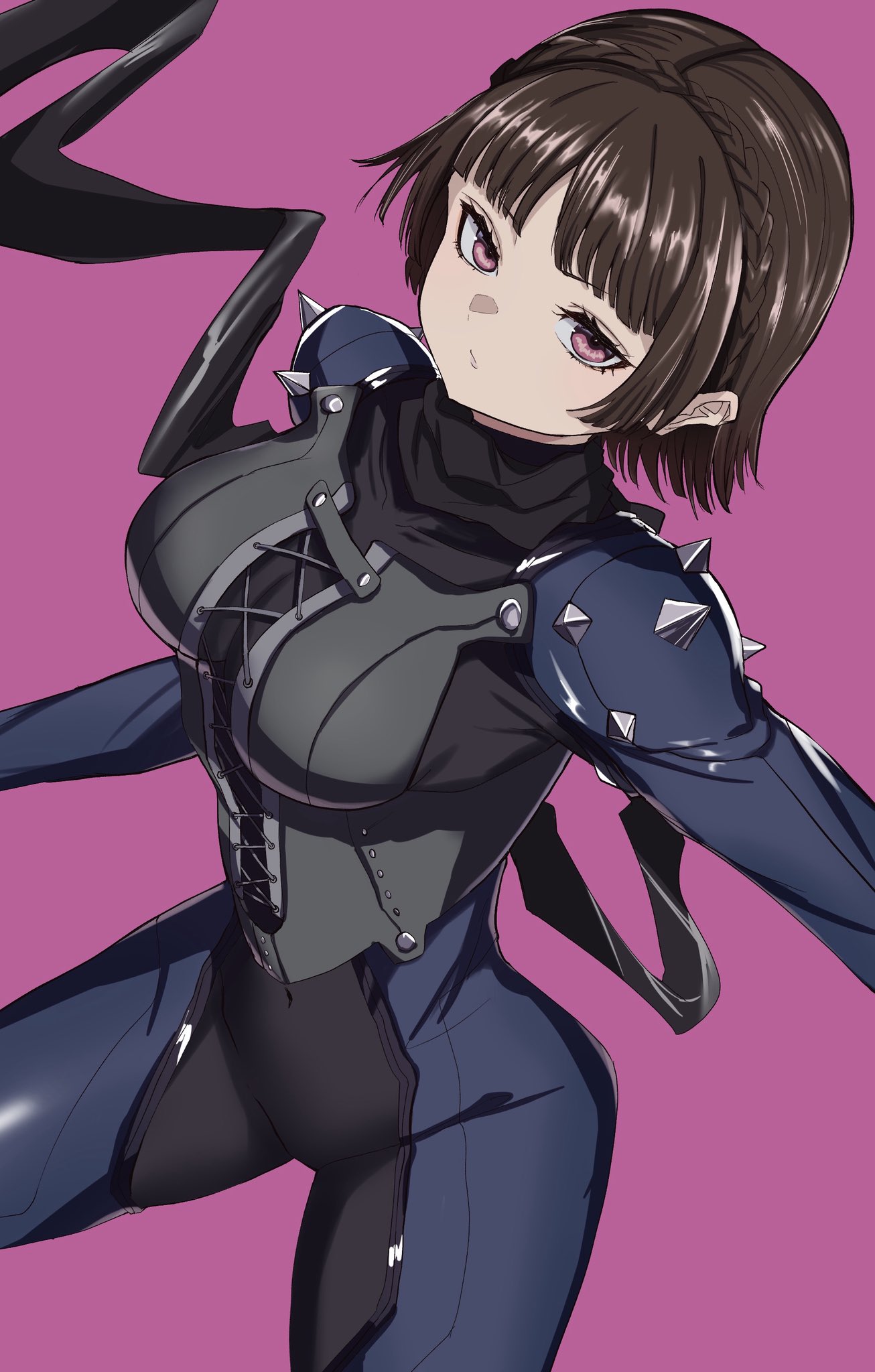 s-m-53413, niijima makoto, queen (persona 5), persona, persona 5, commentary request, highres, 1girl, biker clothes, bikesuit, black scarf, blue bodysuit, blunt bangs, bodysuit, braid, breasts, brown hair, cowboy shot, crown braid, dutch angle, long scarf, looking at viewer, medium breasts, no mask, outstretched arm, parted lips, pink background, pink eyes, scarf, short hair, shoulder spikes, simple background, solo, spikes