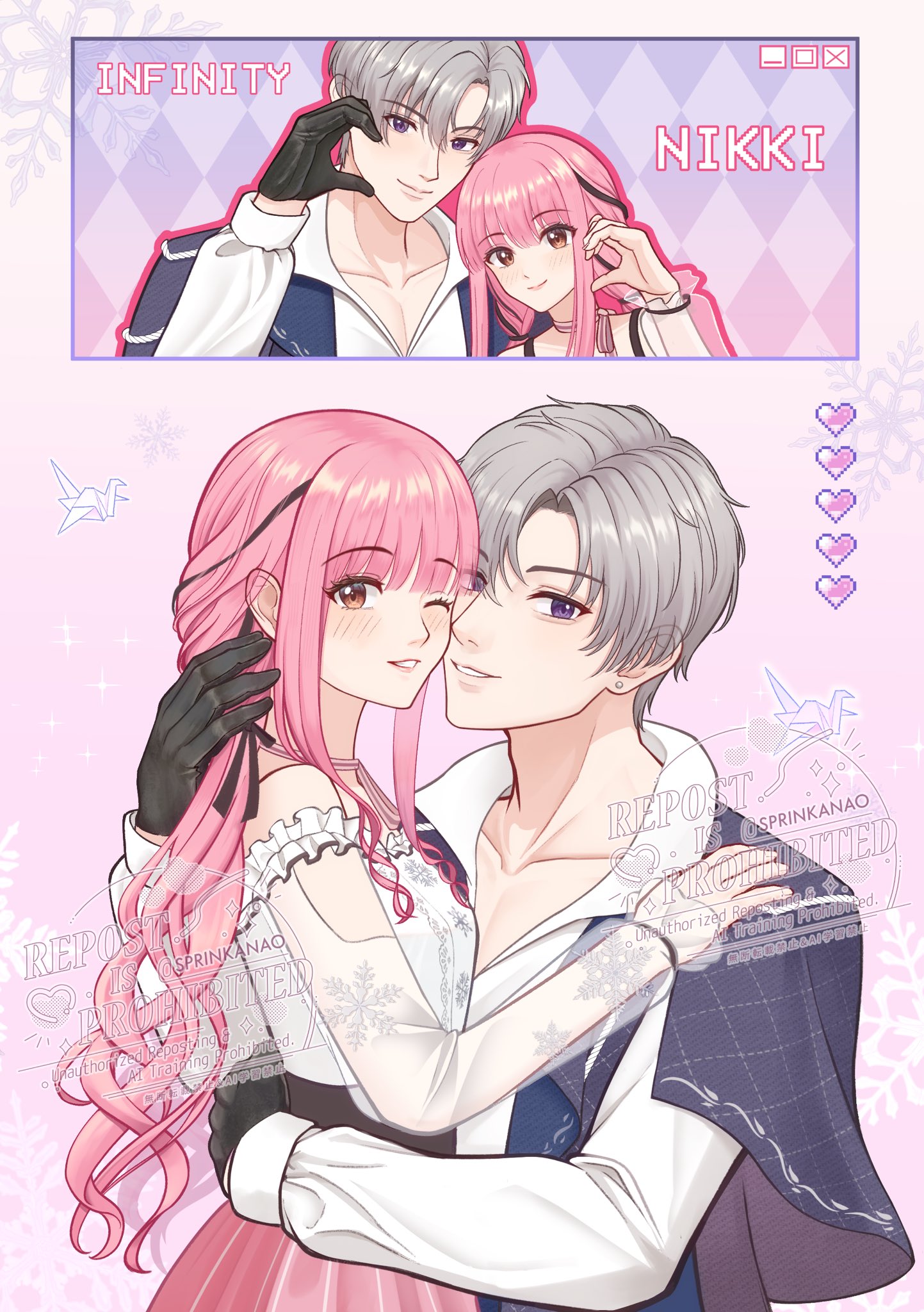 nao (sprinkanao), giovanni (infinity nikki), nikki (nikki), perfect start (infinity nikki), infinity nikki, nikki (series), highres, 1boy, 1girl, argyle capelet, argyle clothes, arm around waist, arm cutout, artist name, bare shoulders, black bow, black corset, black gloves, black ribbon, blue capelet, blue vest, blunt bangs, blush, bow, bow choker, bowtie, brown eyes, buttons, capelet, center frills, choker, closed mouth, clothing cutout, collarbone, collared shirt, copyright name, corset, couple, earrings, eyelashes, frilled shirt, frills, gloves, grey hair, hair between eyes, hair bow, hair ribbon, half-heart hands, hand in another's hair, hand on another's shoulder, happy, height difference, hetero, hug, jewelry, lips, lipstick, long hair, long sidelocks, long sleeves, low twintails, makeup, multiple views, off-shoulder shirt, off shoulder, one eye closed, open clothes, open vest, outline, pectoral cleavage, pectorals, pink background, pink bow, pink bowtie, pink choker, pink hair, pink lips, pink outline, pink skirt, pleated skirt, print sleeves, puffy long sleeves, puffy sleeves, purple eyes, ribbon, see-through clothes, see-through sleeves, shirt, short hair, sidelocks, single stripe, skirt, sleeves past wrists, smile, snowflake background, snowflake print, striped bow, striped choker, striped clothes, striped skirt, stud earrings, teeth, tress ribbon, twintails, two-sided capelet, vertical-striped clothes, vertical-striped skirt, very long hair, vest, watermark, wavy hair, white shirt, window (computing)