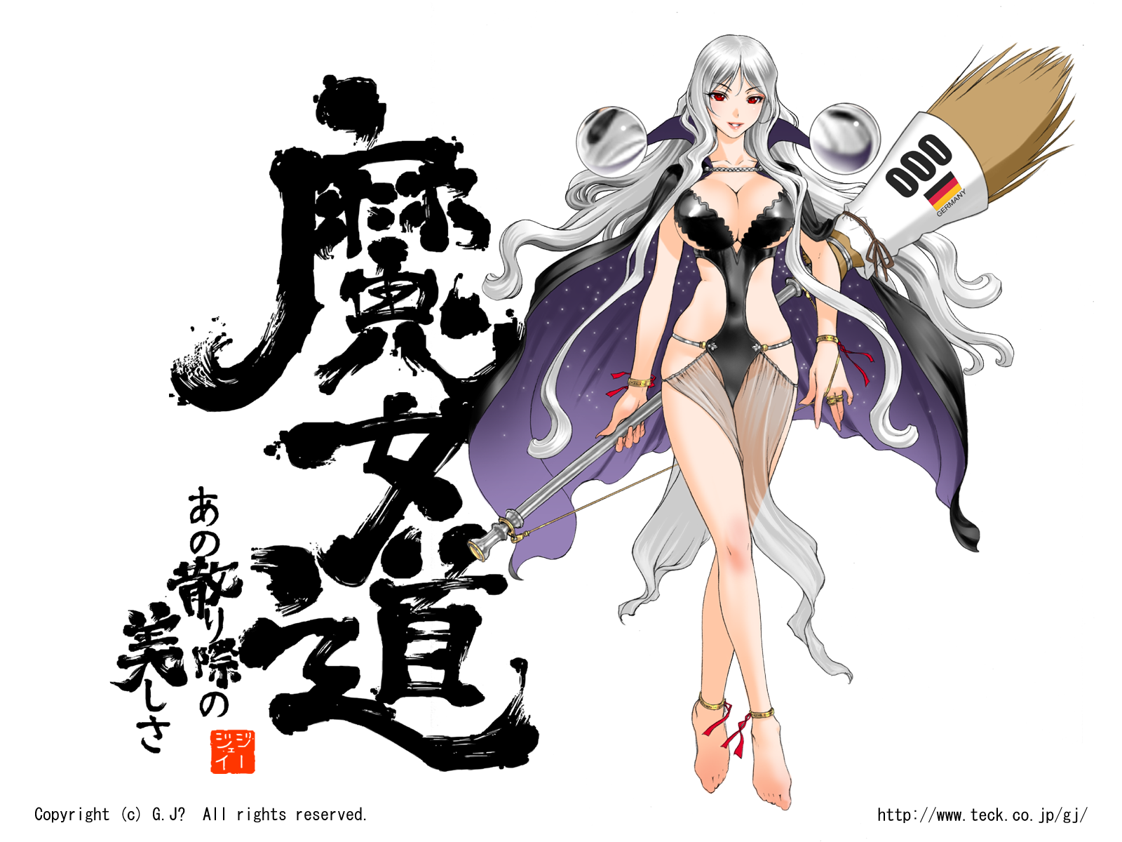 sano toshihide, marie marigold, majodou, silver hair, highres, official art, translated, 1girl, anklet, bare legs, barefoot, body blush, bracelet, breasts, broom, calligraphy, cape, chain, cleavage, clothing cutout, copyright name, crossed legs, dress, feet, female focus, fingernails, floating hair, grin, groin, high collar, holding, jewelry, large breasts, legs, lips, long fingernails, long hair, looking at viewer, midriff, narrow waist, orb, parted bangs, red eyes, ribbon, ring, rope, see-through clothes, side cutout, sidelocks, simple background, sitting, smile, solo, sparkle, standing, tiptoes, underboob, very long hair, watermark, watson cross, web address, white background, wide hips, witch