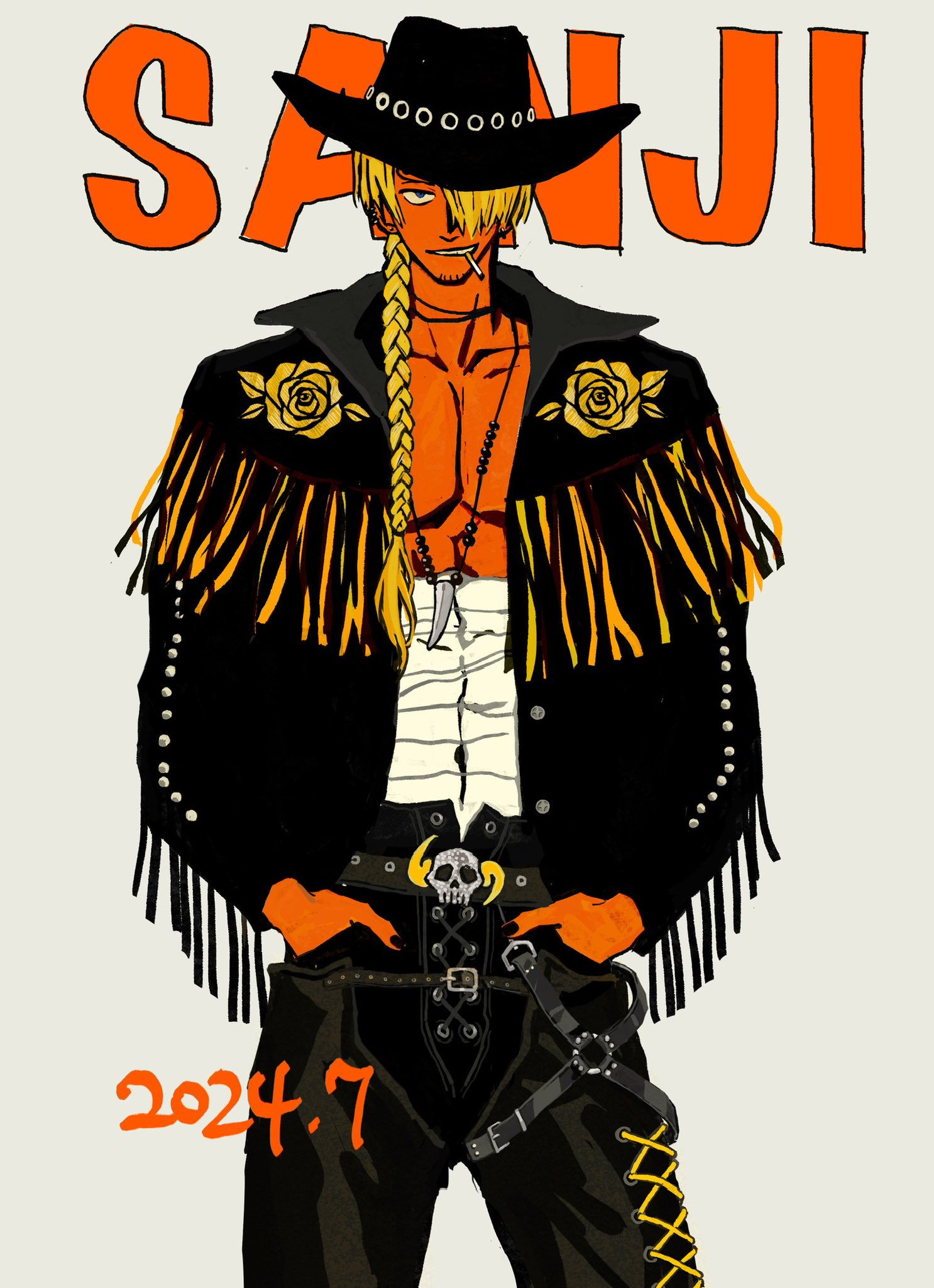 ttongyyu, sanji (one piece), one piece, highres, 1boy, bandaged stomach, belt, black hat, black nails, black pants, braid, braided ponytail, character name, cowboy shot, curly eyebrows, dated, facial hair, goatee, hair over one eye, hands in pockets, hat, male focus, pants, side ponytail, simple background, smile, solo