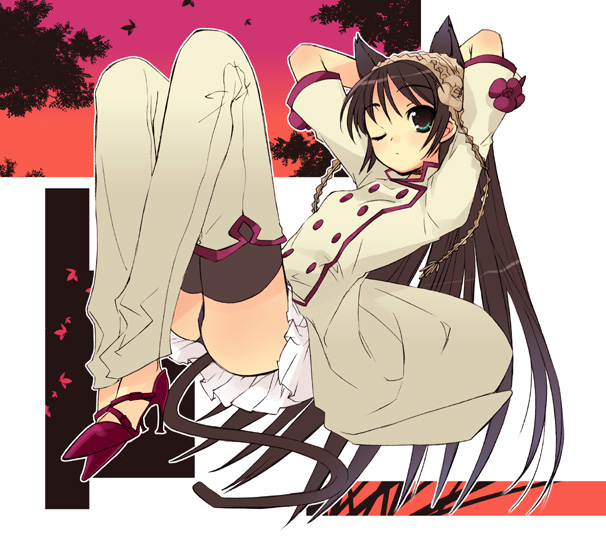 ito noizi, animal ears, black hair, black panties, green eyes, high heels, long hair, one eye closed, panties, pantyshot, shoes, sitting, skirt, solo, tail, thighhighs, underwear, wink