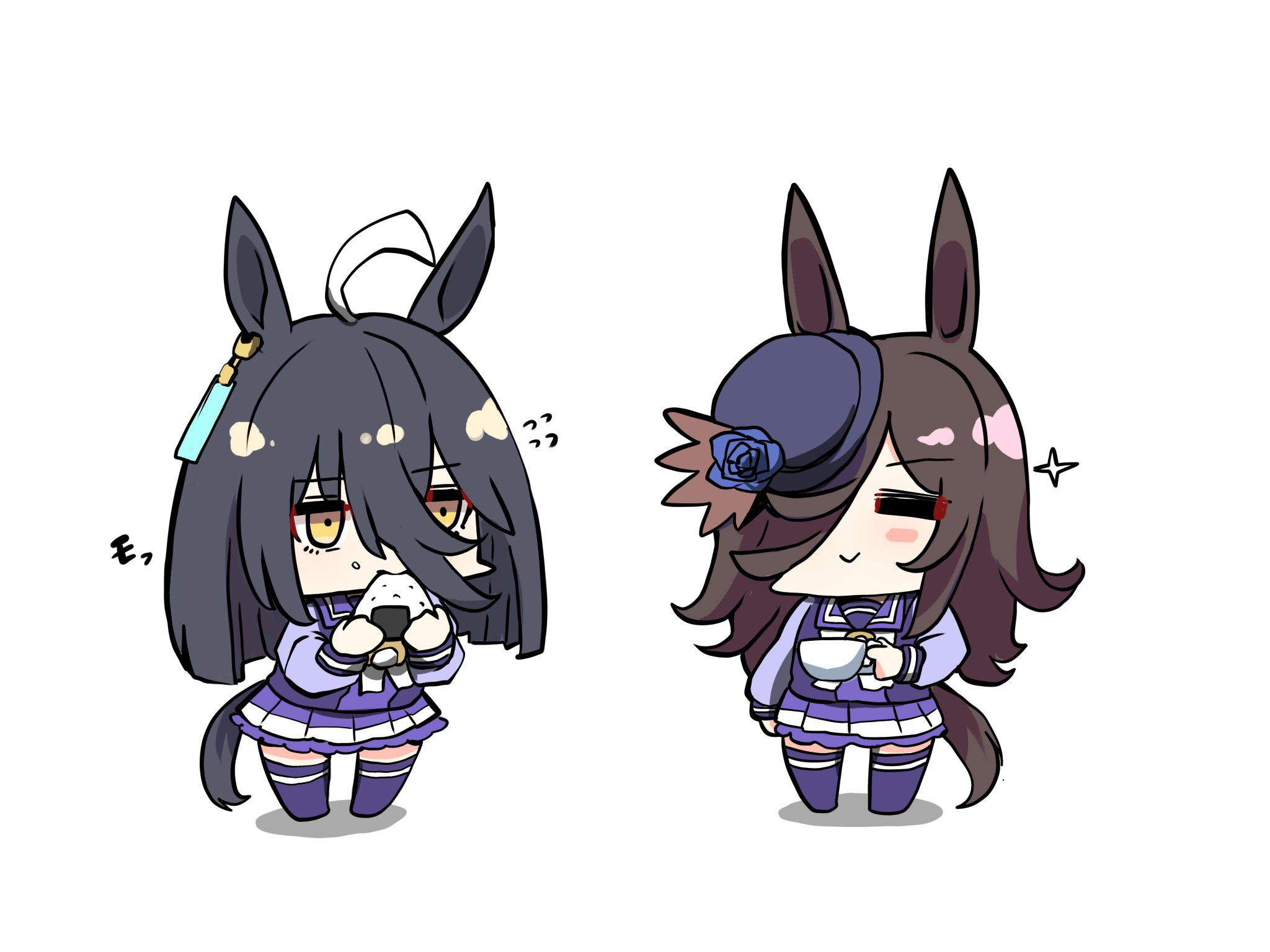 kawamochi (tddm3573), manhattan cafe (umamusume), rice shower (umamusume), umamusume, highres, 2girls, :>, ahoge, animal ears, black hair, blue flower, blue hat, blue rose, blush stickers, bow, brown hair, chibi, closed eyes, closed mouth, cup, flower, flying sweatdrops, food, food on face, hair over one eye, hat, hat flower, holding, holding cup, holding food, horse ears, horse girl, horse tail, long hair, multicolored hair, multiple girls, onigiri, pleated skirt, purple shirt, purple skirt, purple thighhighs, rice, rice on face, rose, shadow, shirt, simple background, skirt, standing, tail, thighhighs, tilted headwear, two-tone hair, very long hair, white background, white bow, white hair