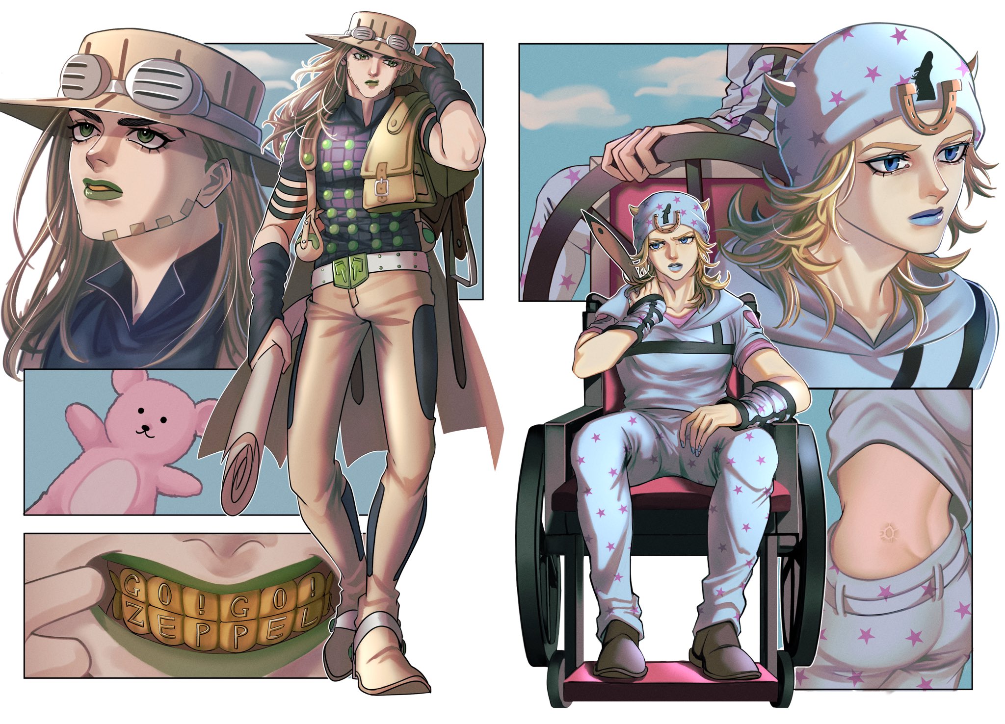 gyro zeppeli, johnny joestar, jojo no kimyou na bouken, steel ball run, commentary request, highres, 2boys, beanie, beard, belt, belt buckle, black bridal gauntlets, black shirt, black shoes, blonde hair, blue eyes, blue hat, blue hoodie, blue lips, blue pants, bridal gauntlets, brown cape, brown hair, brown hat, brown pants, buckle, cape, cowboy hat, facial hair, feather tiger, feathers, goggles, goggles on headwear, gold teeth, green eyes, green lips, grey belt, grills, hat, holding, hood, hood down, hoodie, horseshoe, horseshoe hat ornament, horseshoe ornament, long hair, makeup, male focus, medium hair, multiple boys, multiple views, pants, parted lips, saddle, scar, scar on back, shirt, shoes, short sleeves, sitting, smile, spurs, star (symbol), star print, stuffed animal, stuffed toy, teddy bear, wheelchair
