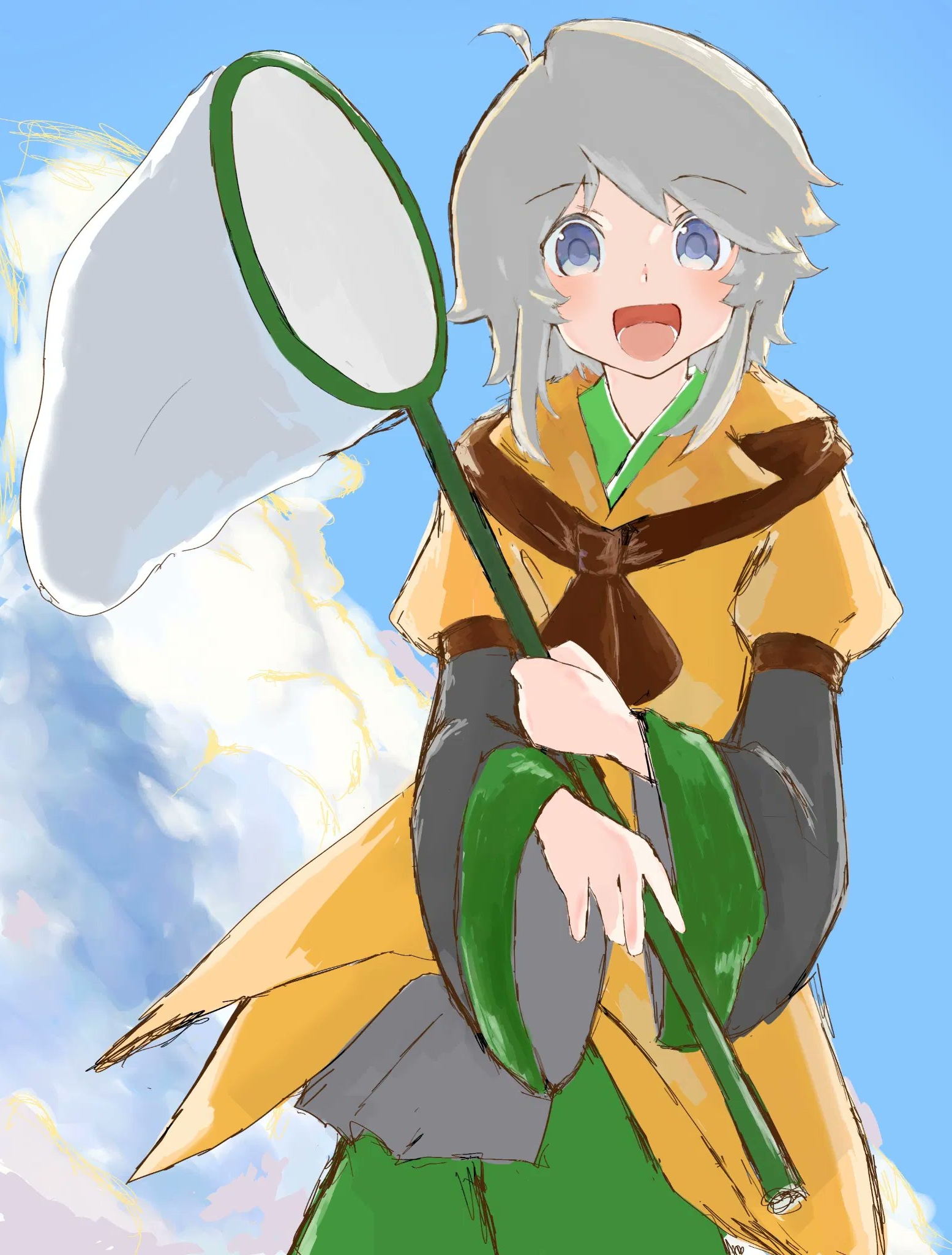 houlen yabusame, len'en, hashtag-only commentary, highres, 1other, ahoge, androgynous, ascot, black kimono, blue sky, brown ascot, butterfly net, cloud, coat, collared coat, cowboy shot, day, dot nose, fuono (o x o), green shorts, grey eyes, grey hair, hand net, happy, holding, holding butterfly net, japanese clothes, jinbei (clothes), kimono, lapels, layered sleeves, light blush, long sleeves, looking at viewer, medium hair, notched lapels, open mouth, other focus, outdoors, puffy short sleeves, puffy sleeves, short kimono, short over long sleeves, short sleeves, shorts, sidelocks, sky, smile, solo, standing, tareme, wide sleeves, yellow coat