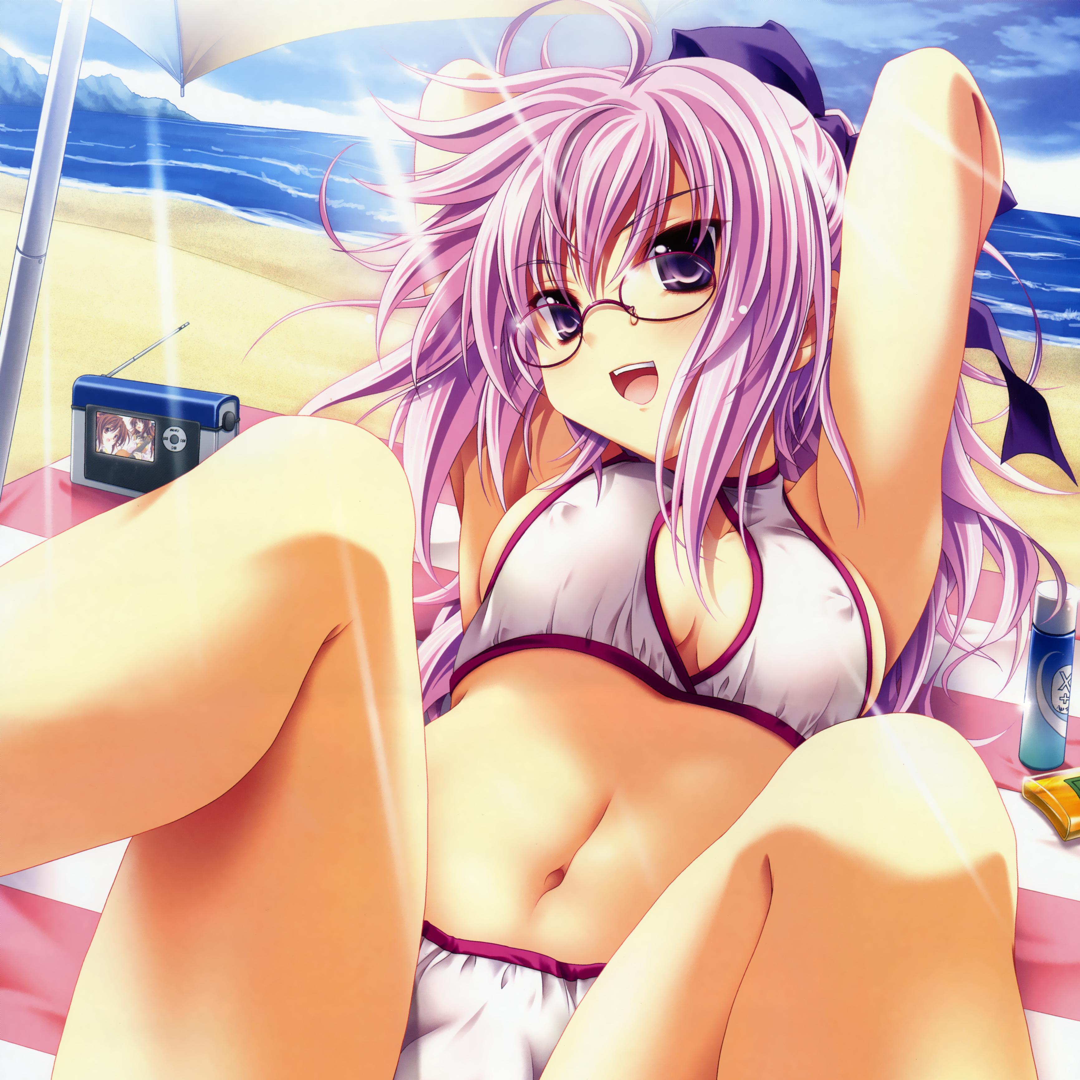 miyama-zero, absurdres, highres, armpits, beach, bikini, day, glasses, purple eyes, purple hair, solo, swimsuit