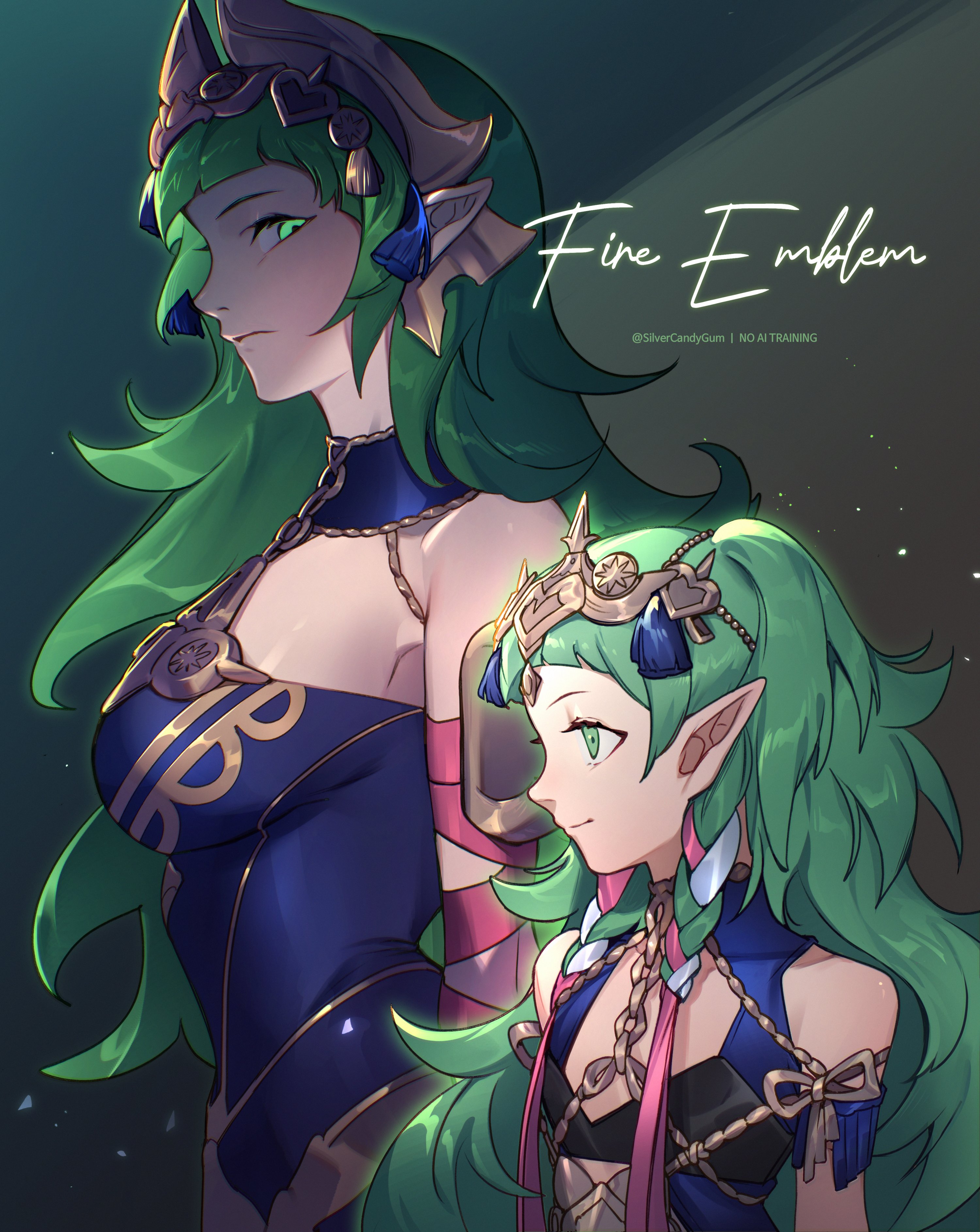 silvercandy gum, sothis (adult) (fire emblem), sothis (fire emblem), fire emblem, fire emblem: fortune's weave, fire emblem: three houses, nintendo, absurdres, highres, 2girls, arm wrap, braid, breasts, closed mouth, dress, green eyes, green hair, hair ornament, hair ribbon, headpiece, large breasts, long hair, multiple girls, pointy ears, purple dress, ribbon, ribbon braid, smile, tassel, tassel hair ornament, tiara, twin braids, upper body