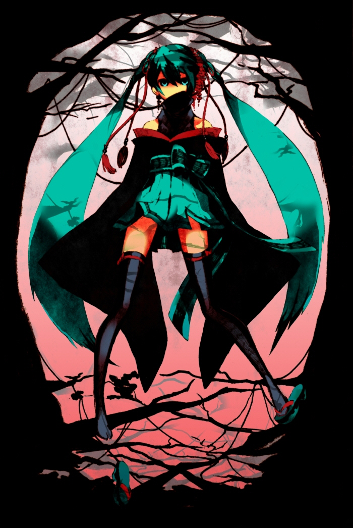 hatsune miku, vocaloid, 1girl, aqua eyes, aqua hair, black thighhighs, bow, clog sandals, female focus, hair ornament, japanese clothes, long hair, off shoulder, ribbon-trimmed thighhighs, ribbon trim, sandals, solo, thighhighs, twintails, very long hair, zettai ryouiki, zouri