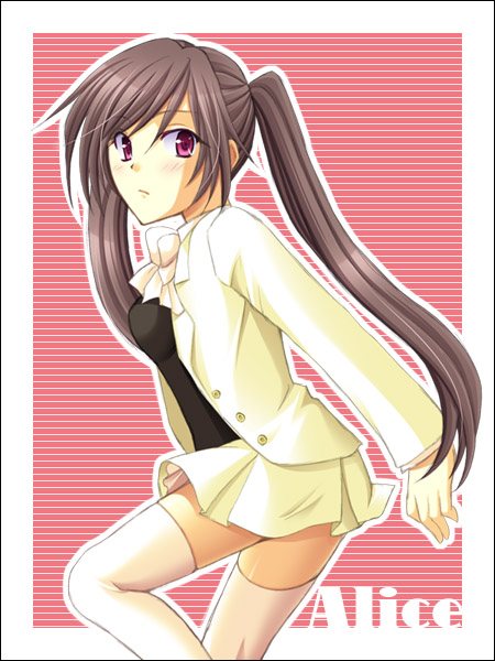 alice (pandora hearts), pandora hearts, 00s, 1girl, bow, brown hair, female focus, long hair, looking at viewer, miniskirt, purple eyes, school uniform, skirt, solo, thighhighs, twintails, very long hair, zettai ryouiki