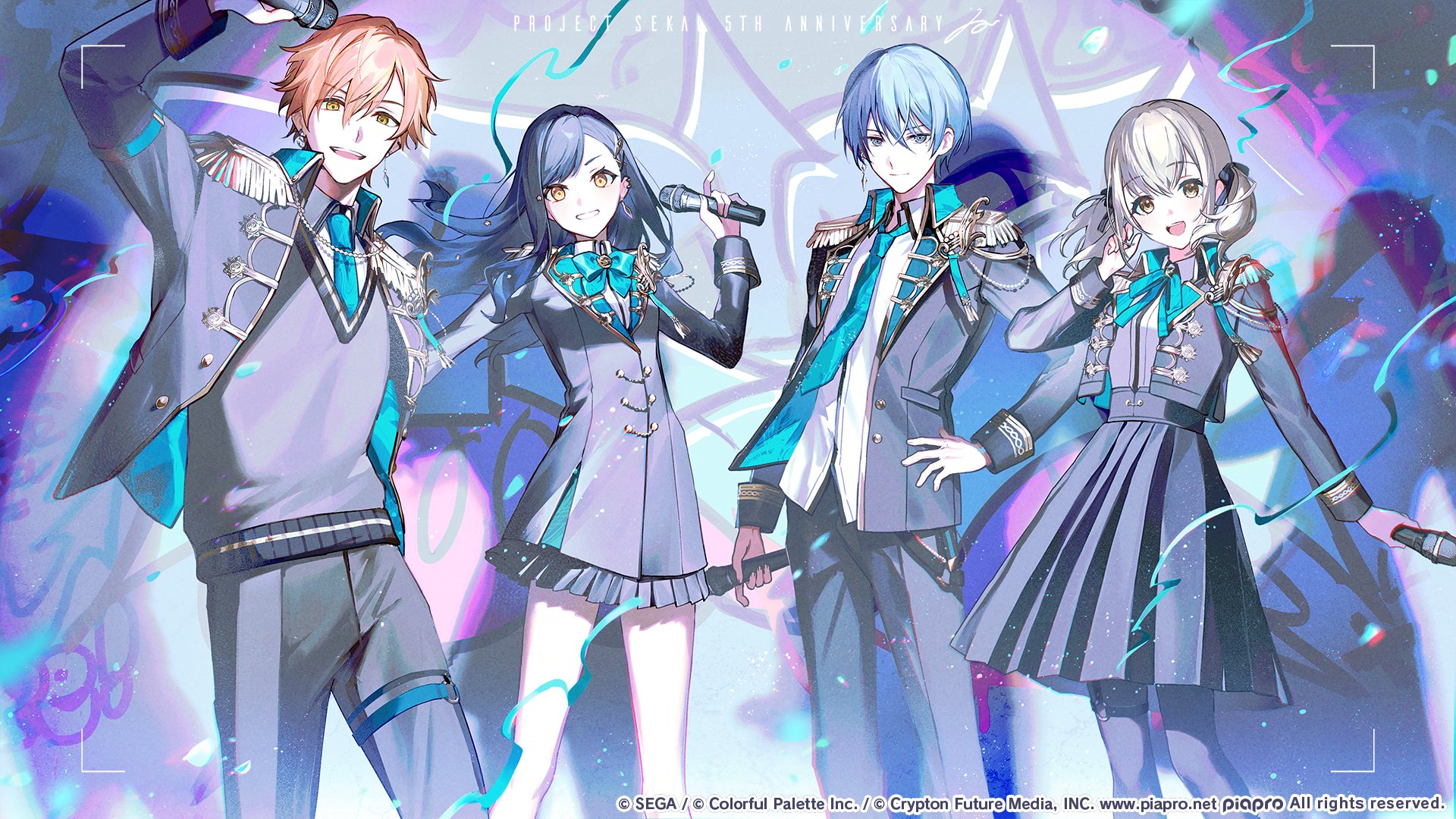 hou (ppo), aoyagi touya, azusawa kohane, shinonome akito, shiraishi an, project sekai, commentary request, highres, official art, second-party source, 2boys, 2girls, :d, alternate costume, black hair, black jacket, black pants, black skirt, black sweater vest, blonde hair, blue eyes, blue hair, blue necktie, blue ribbon, closed mouth, collared shirt, company name, copyright name, copyright notice, cropped jacket, epaulettes, gradient hair, graffiti, grin, guest art, hair between eyes, hair ornament, holding, holding microphone, jacket, matching outfits, microphone, multicolored hair, multiple boys, multiple girls, necktie, open mouth, orange hair, pants, pleated skirt, ribbon, shirt, skirt, smile, split-color hair, sweater vest, teeth, tongue, twintails, two-tone hair, upper teeth only, vivid bad squad (project sekai), white shirt, yellow eyes