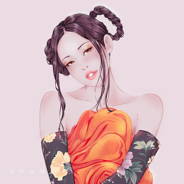shanlieart, jennie (blackpink), blackpink, real life, commentary, 1girl, bare shoulders, braid, braided bun, brown hair, elbow gloves, eyelashes, eyeshadow, floral print, gloves, hair bun, looking at viewer, makeup, parted lips, pink lips, sidelocks, solo, upper body