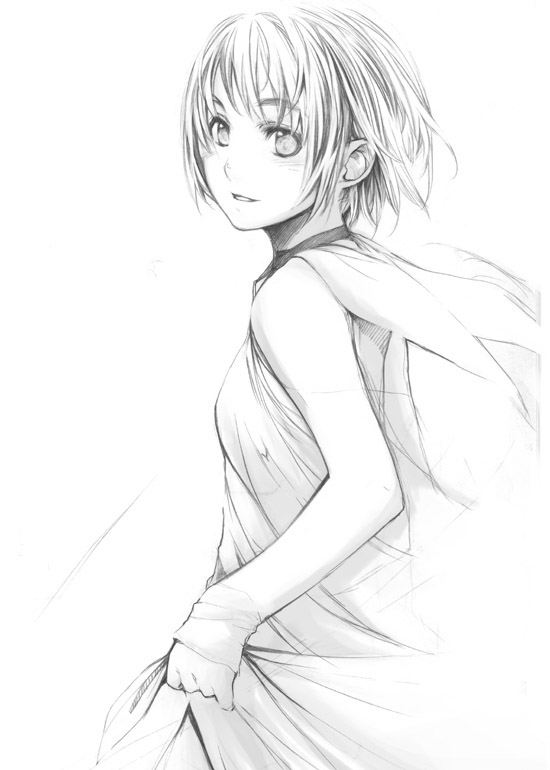 fujishima, fujishima (raving phantom), original, 1girl, blush, clothes lift, dress, female focus, greyscale, monochrome, short hair, sketch, skirt, skirt lift, smile, solo, wind